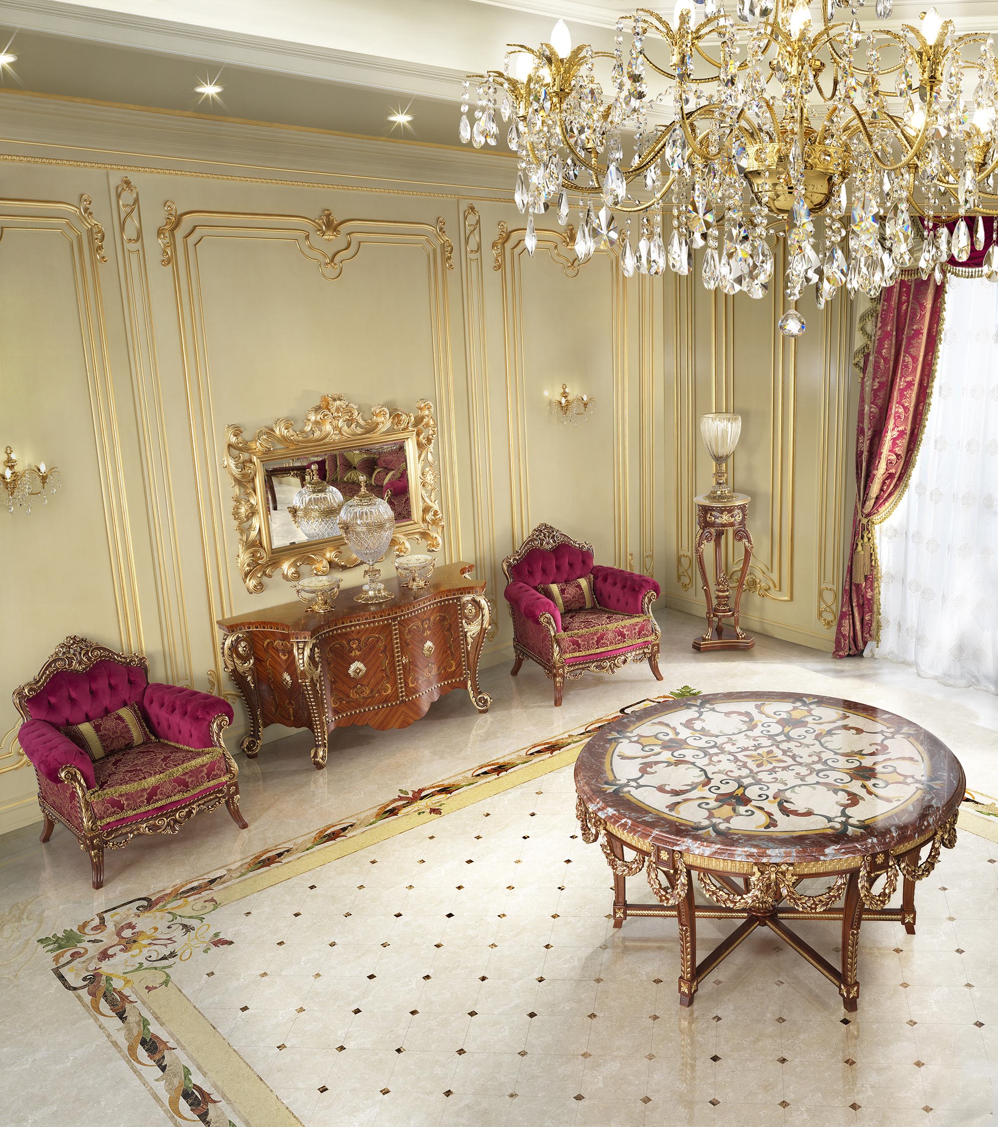 Majestic Palace Interiors With Gold Leaf, Marble, and Wood