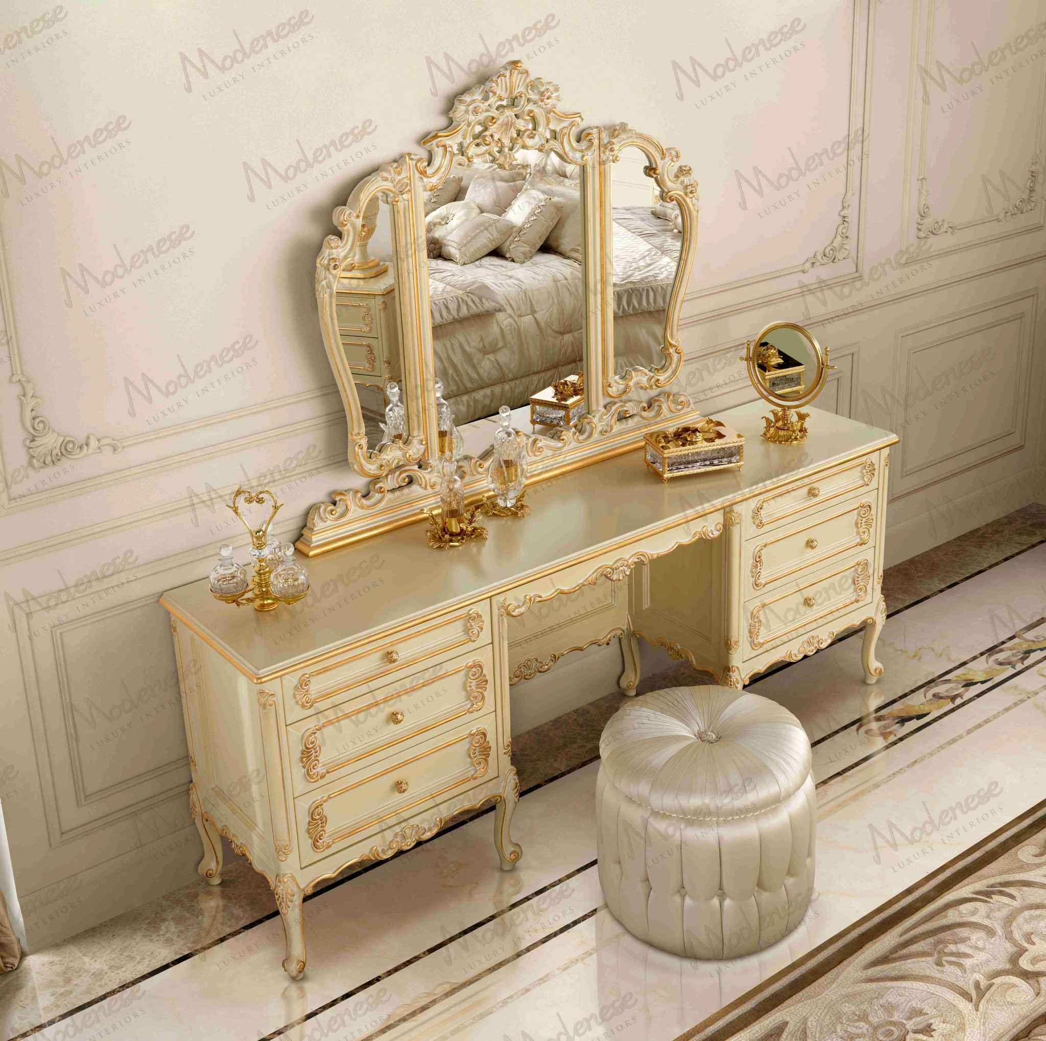 Luxury classic Italian dressing table with ornate tri-fold mirror, handcrafted ivory and gold finish, elegant vanity desk with drawers and upholstered pouf by Modenese Interiors.