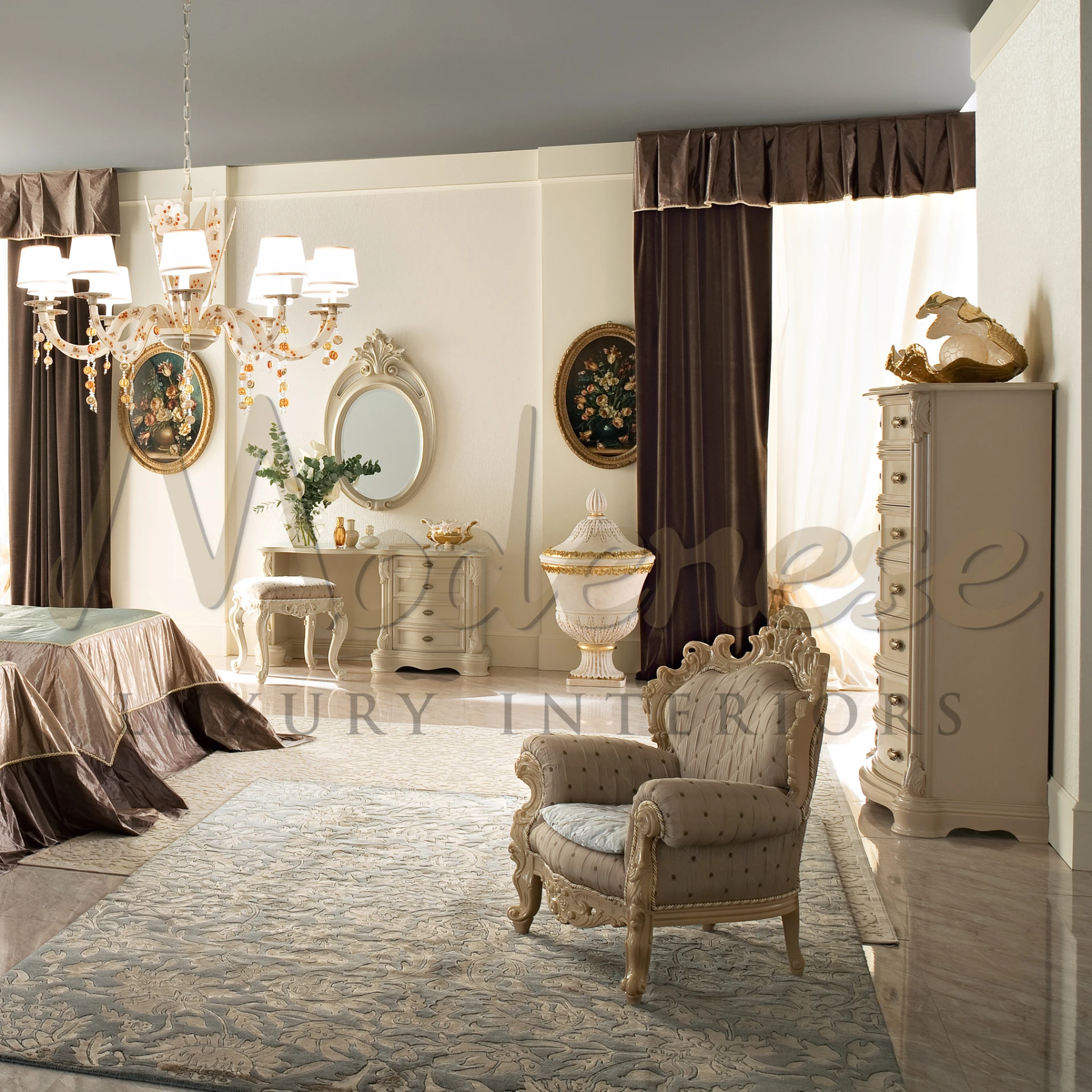Classically styled dressing table in a muted beige finish with sculpted legs, accompanied by a chic stool and tastefully chosen decorative elements including a floral arrangement.