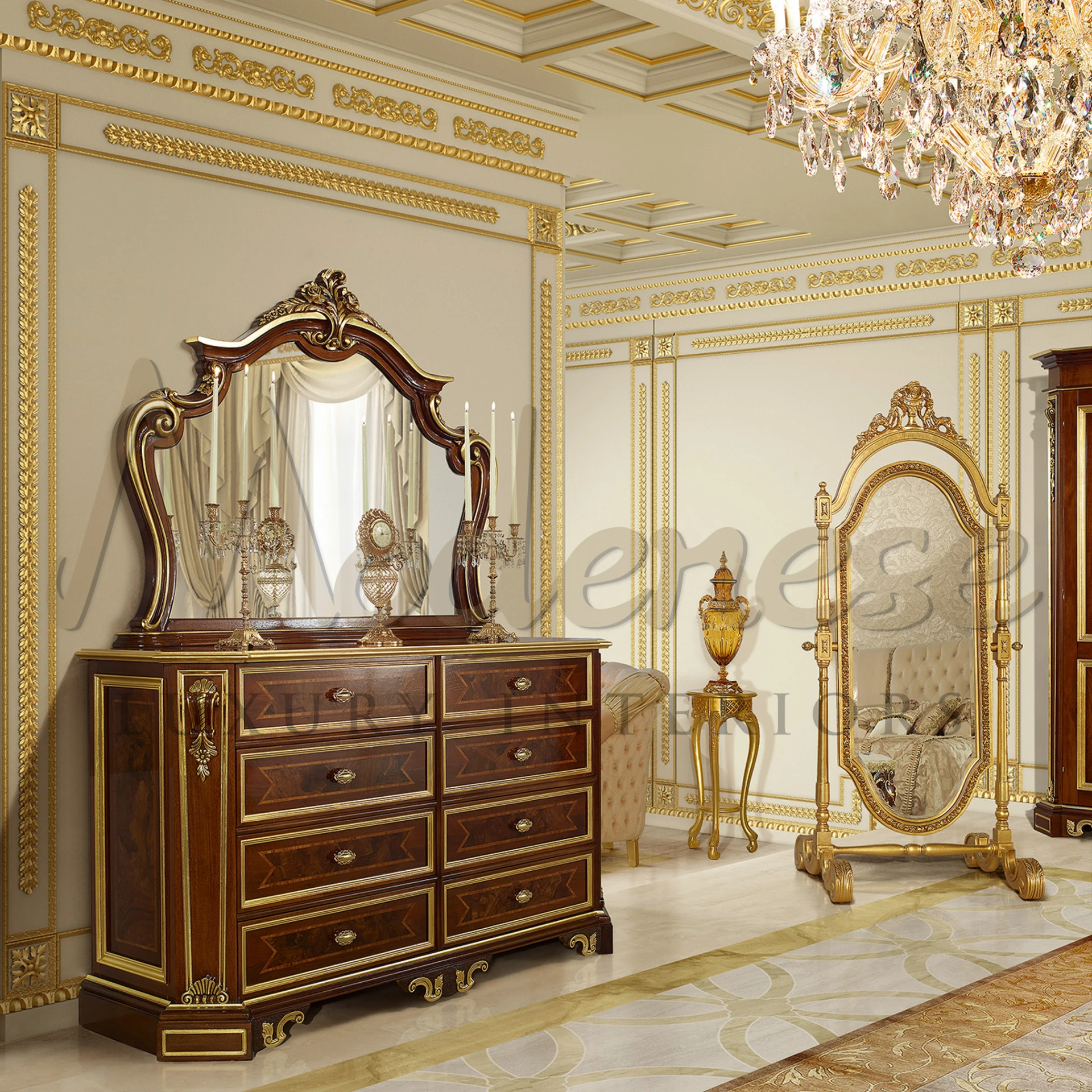 Sophisticated dark wood dresser with intricate brass trimmings and elegant candelabra by Modenese Luxury Furniture manufacturer made in Italy            