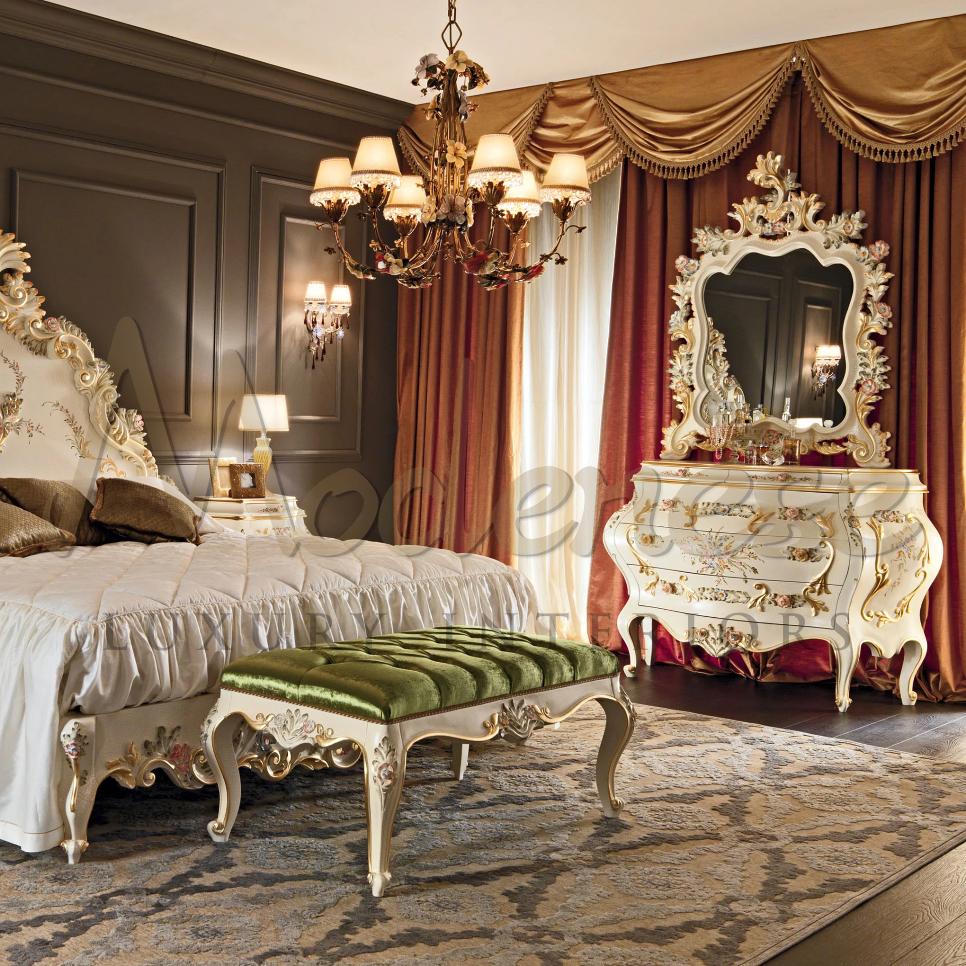 Chic antique-style painted dresser with floral accents and golden curves by Modenese Furniture                                                                                                          