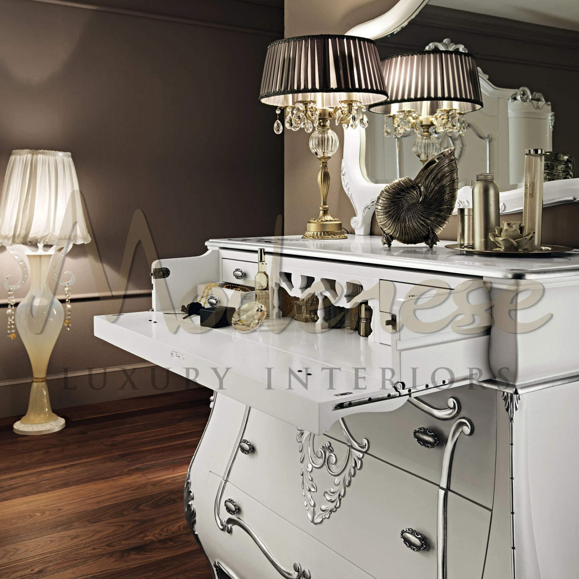 Sleek two-toned dresser with ornamental silver patterns and stylish drawer pulls by Modenese Furniture Manufacturer                                                      