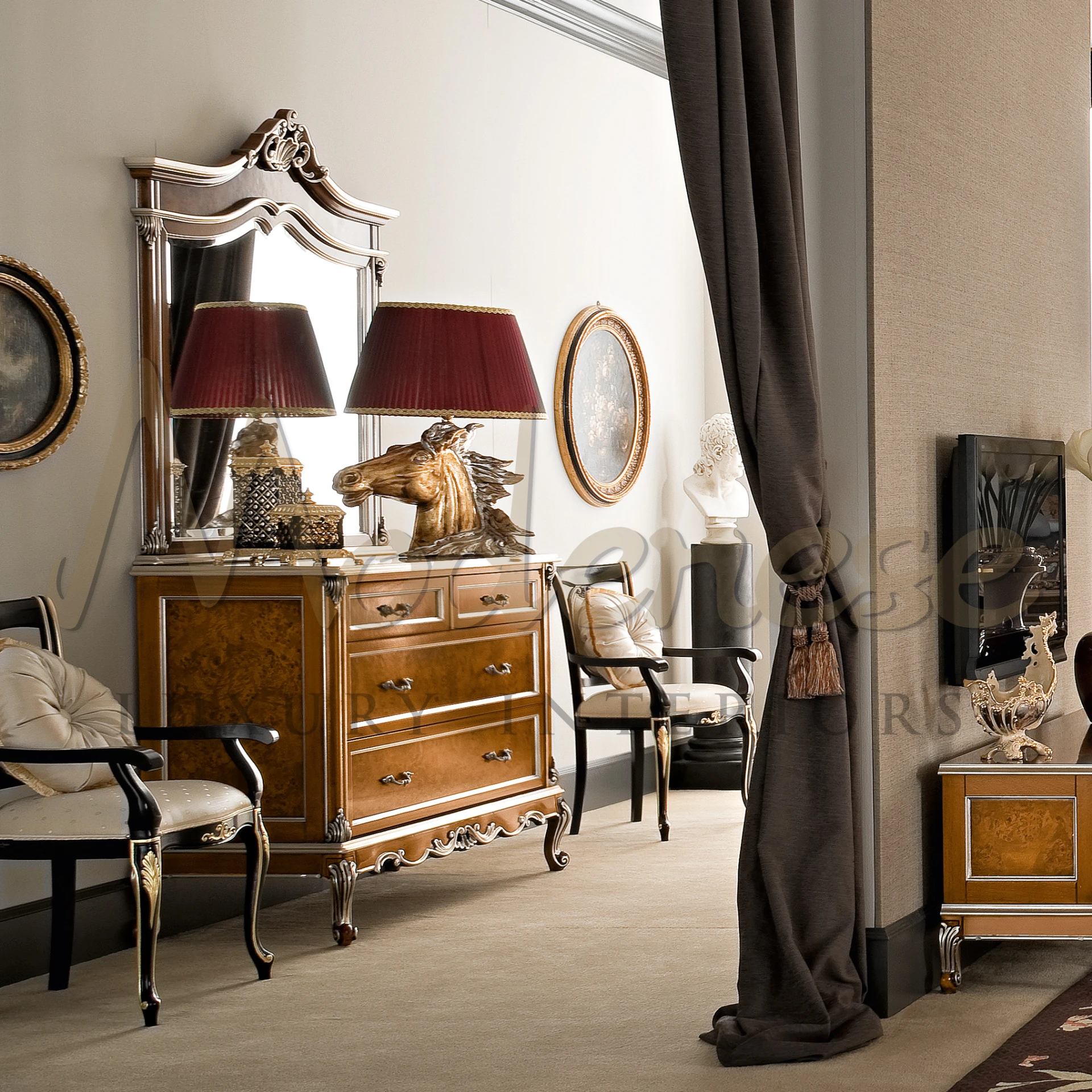 Regal burl wood chest with silver trim and an array of classic table ornaments.                                                                               