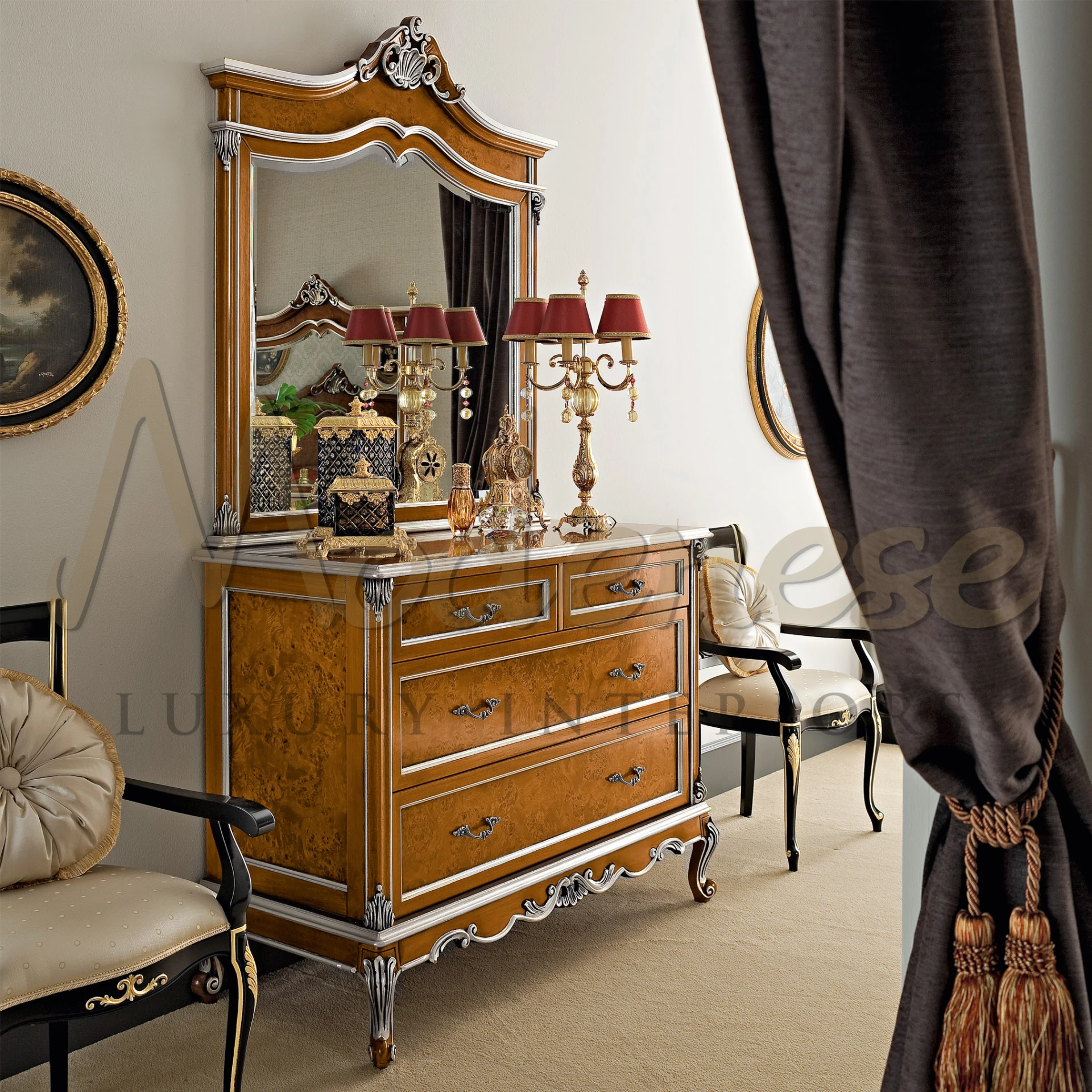 Opulent wooden drawer chest with intricate silver detailing and a rich, glossy finish by Modenese Furniture                                                              