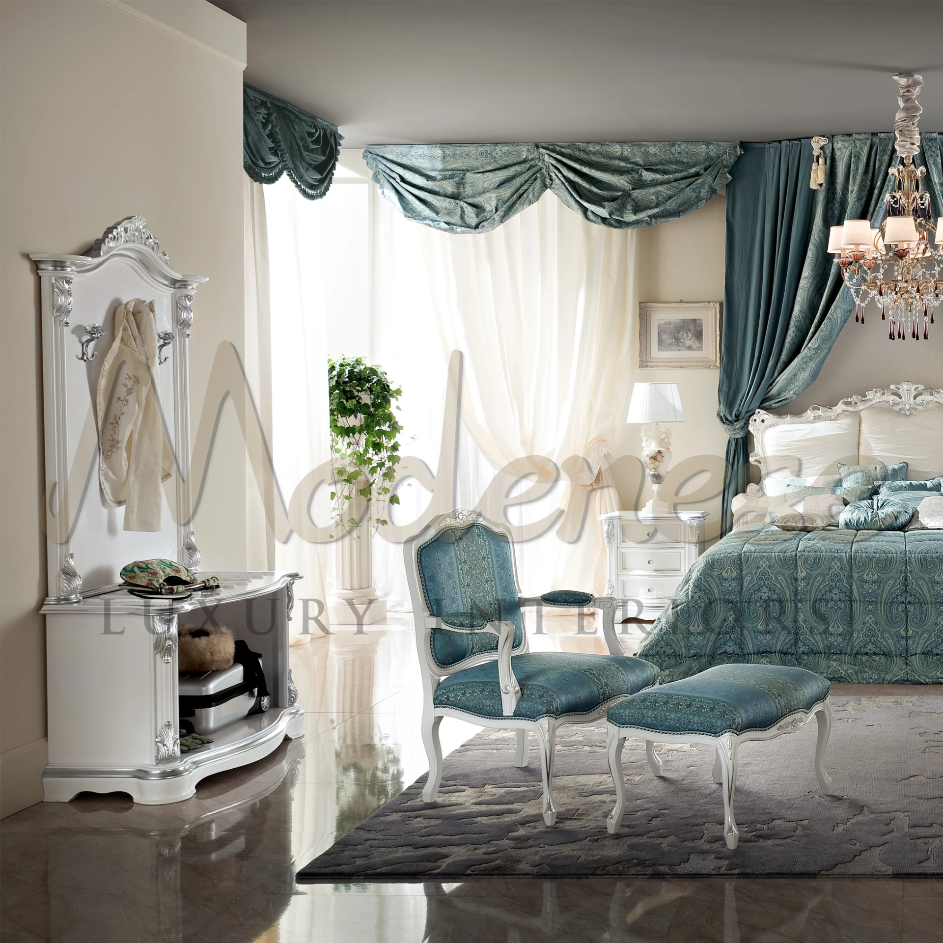 Luxurious classic sculpted white wardrobe with hanging space and drawer.                                                                                              