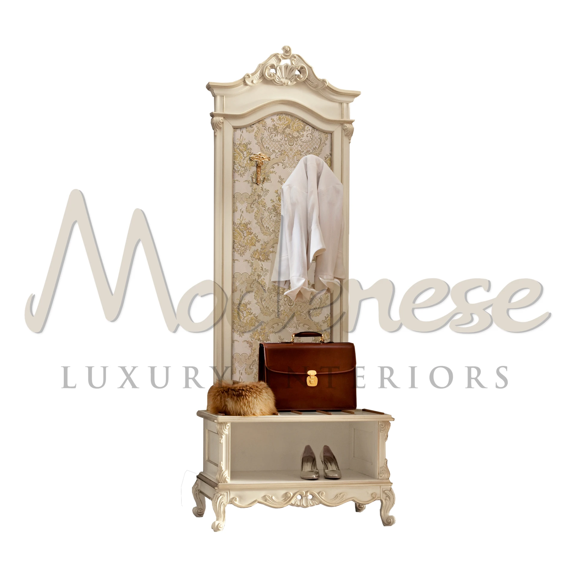 Cream wardrobe clothes hanger with floral design and storage bench.                                                                                                      