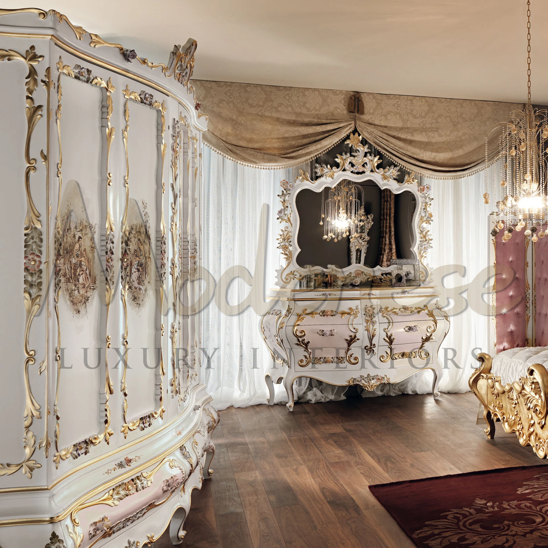 Luxurious ivory and gold floral wardrobe with handcrafted artistry.                                                                                                           