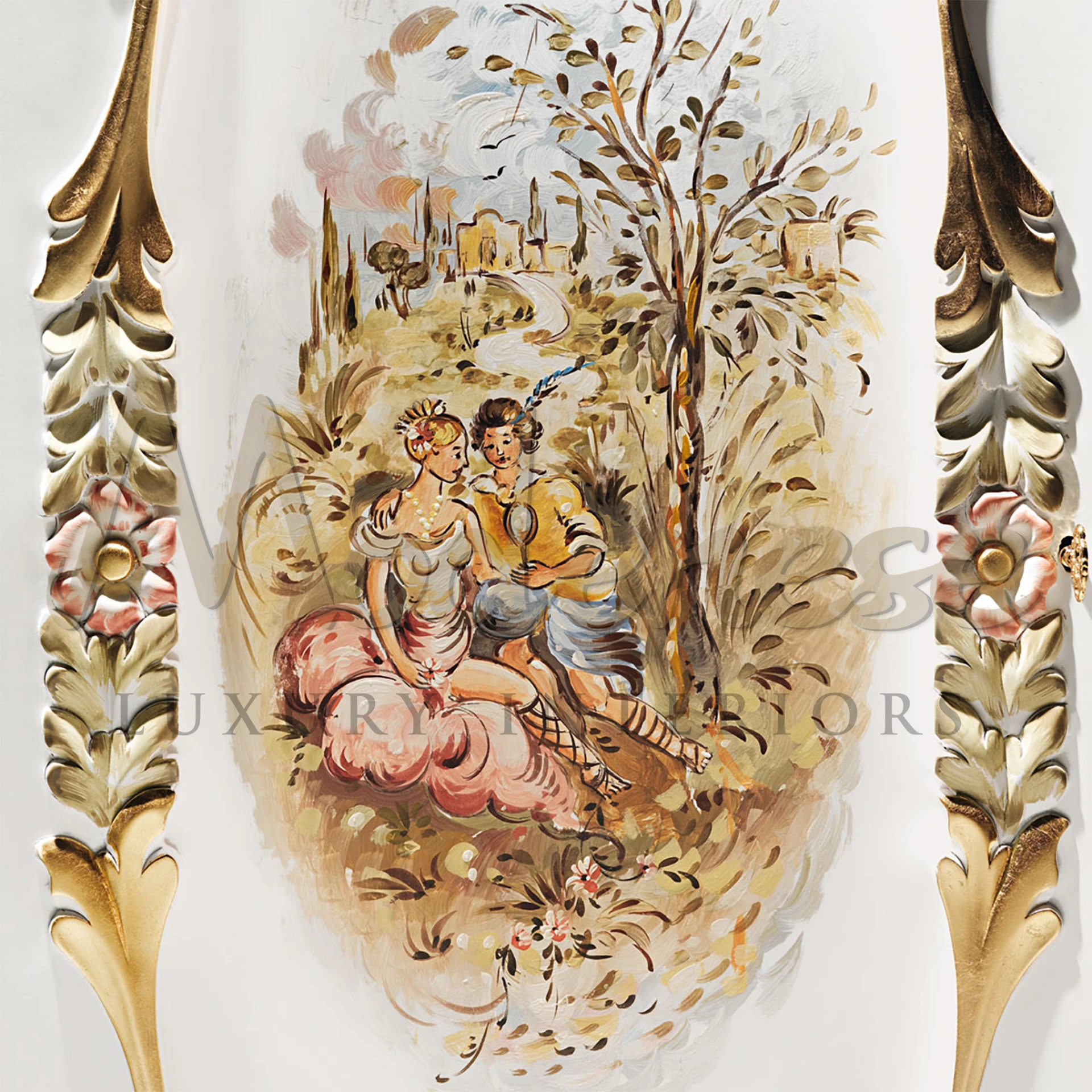 Grand, floral-adorned wardrobe with gold accents and artisan craftsmanship.                                                                                        