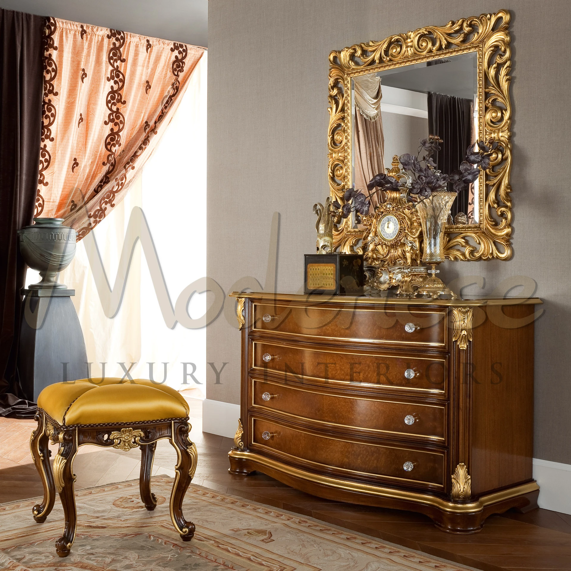 Elegant dark wood dressing pouf with a luxurious golden cushion and carved accents.                                                                                           