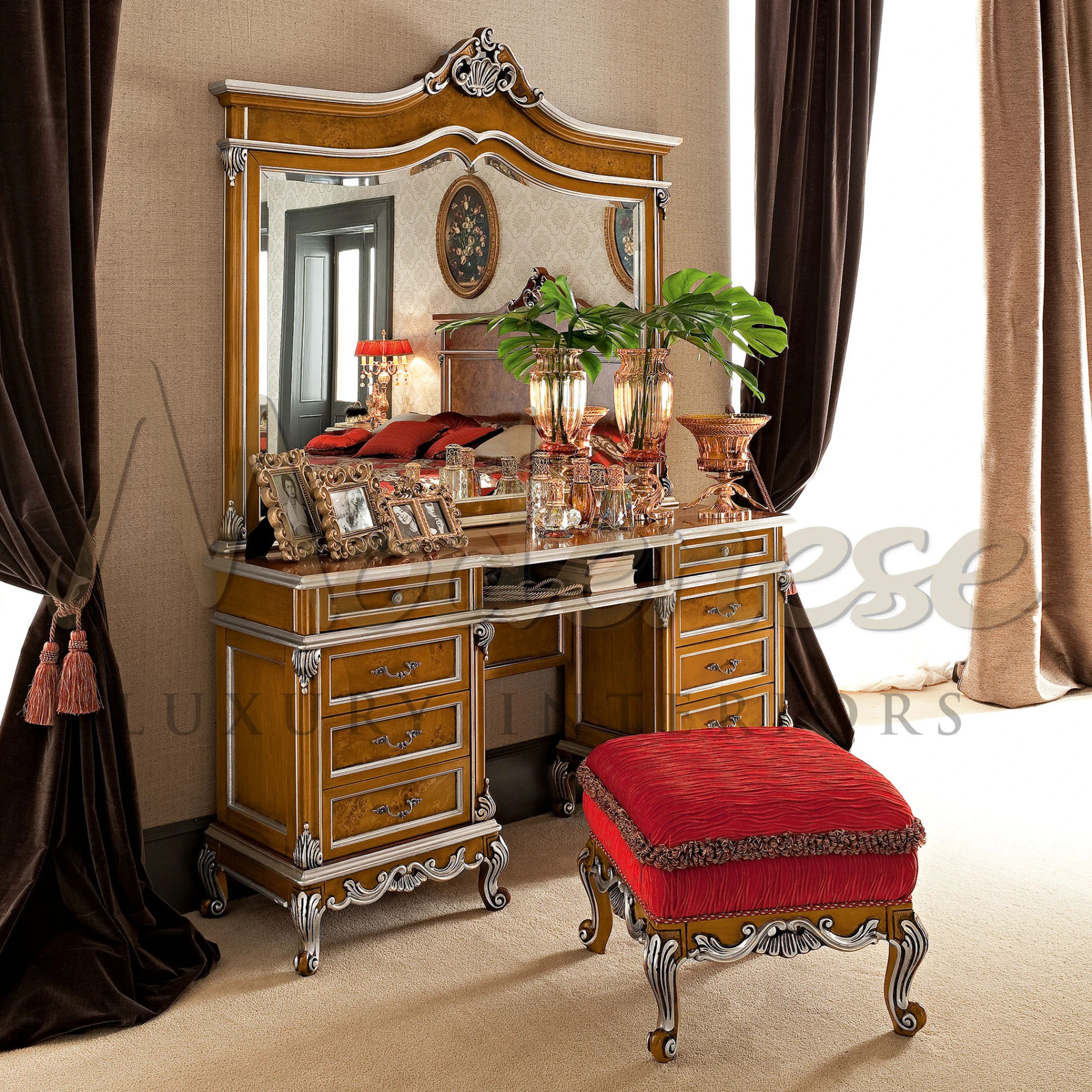 Elegant round red velvet ottoman with a golden base and ornamental tassel trim created in Italy                                                               