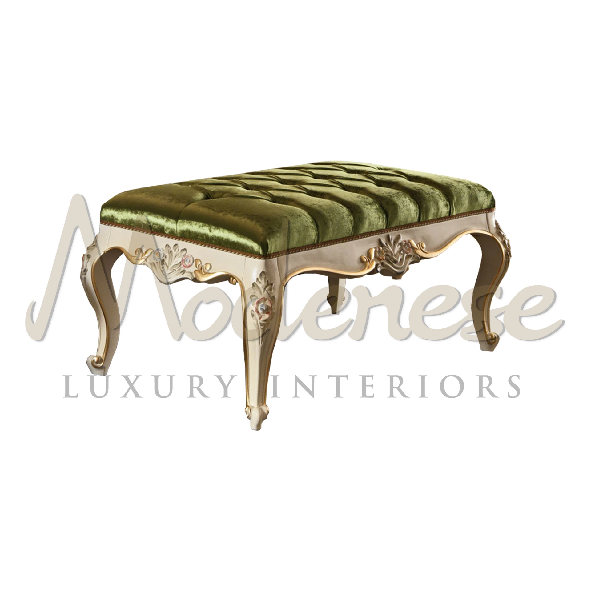 Royal hand made Italian upholstered bench from Modenese.                                                                                                               