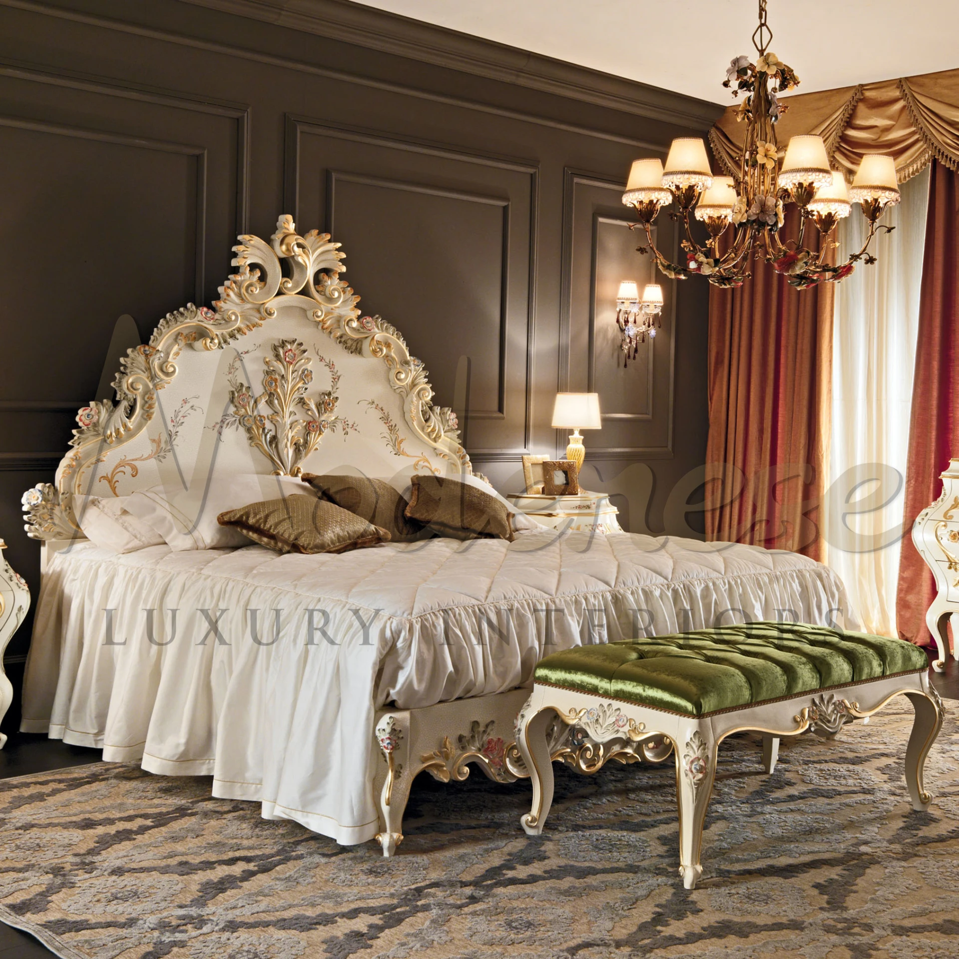 Exclusive Carved Upholstered Bench For Luxury Bedroom.                                                                                                      
