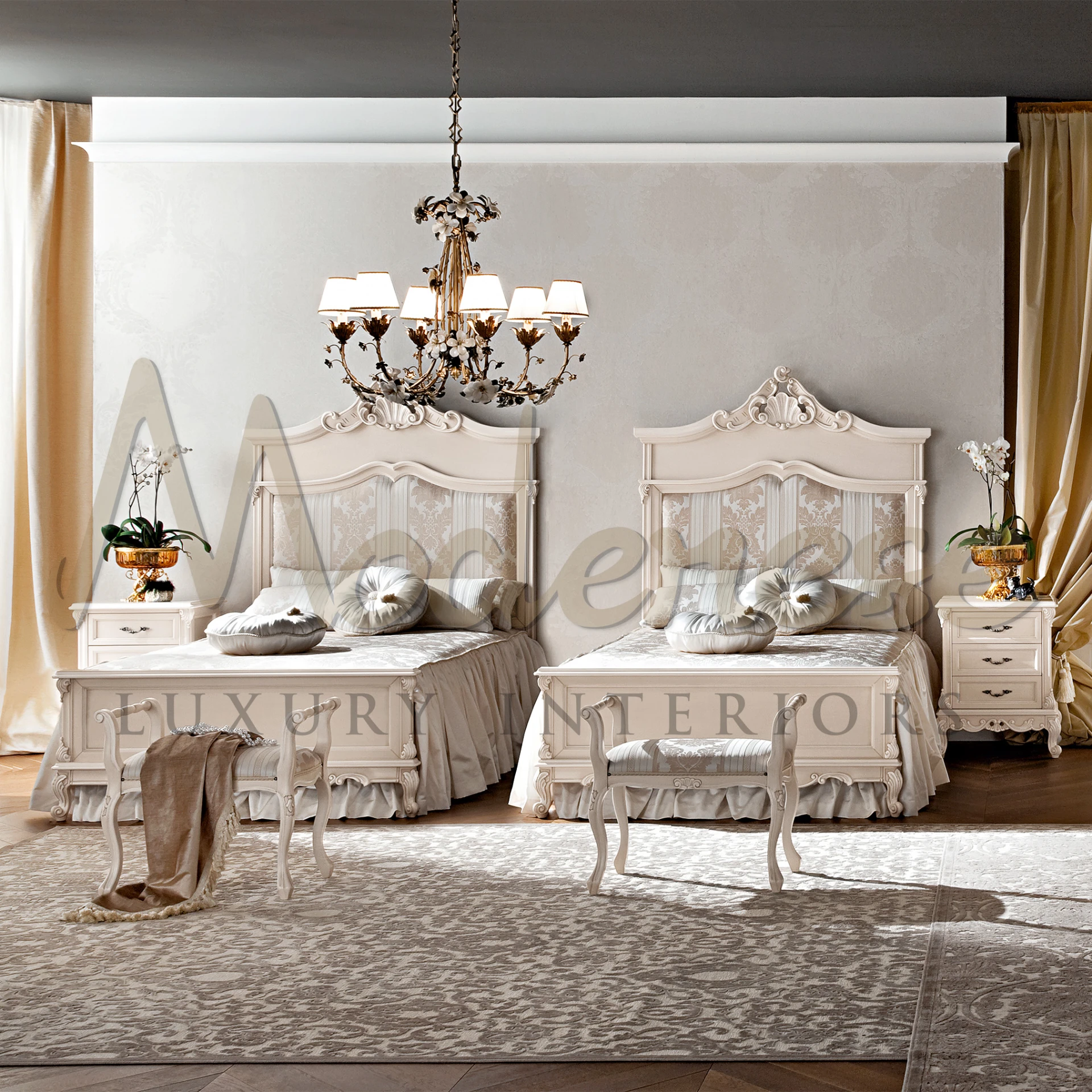 Elegance Redefined White Bench: Modenese Interiors' Victorian Bedroom Bench.                                                                                     