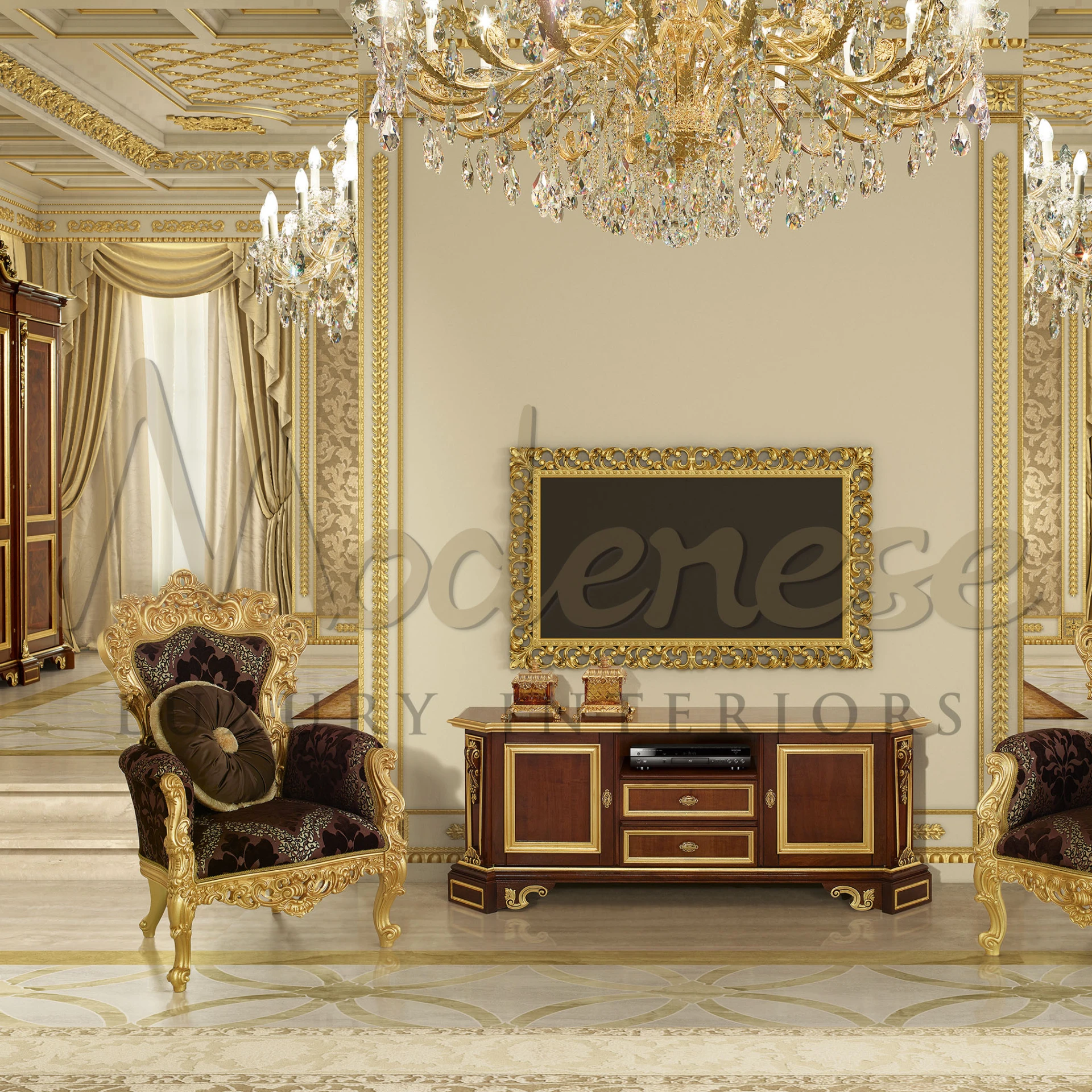 Gold-framed armchair with intricate carvings and rich maroon velvet fabric, embodying royal baroque elegance.