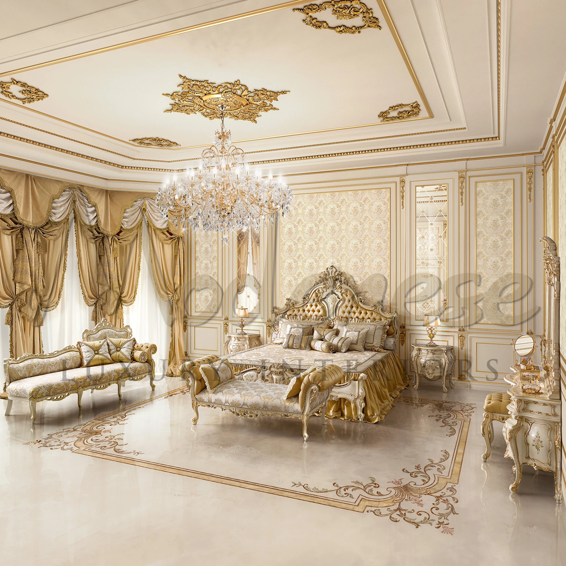 Antique-inspired bench with gold finish, damask seating, and ornate detailing.                                                                                                       