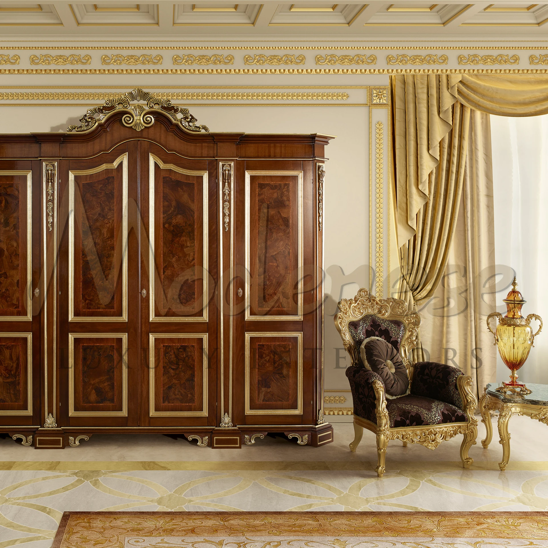 Grandiose golden chair with detailed scrollwork and a plush, dark maroon cushion, reminiscent of aristocratic European interiors.