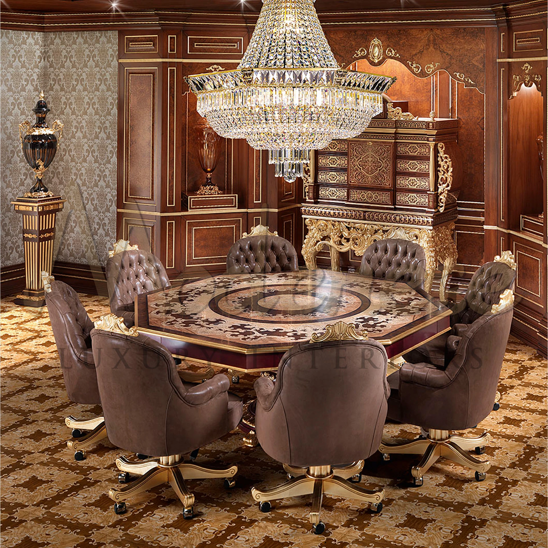 Large Family Carved Eight-Side Solid Wood Dining table - Solid Wood Dining Table, Classic Eight-Side Table