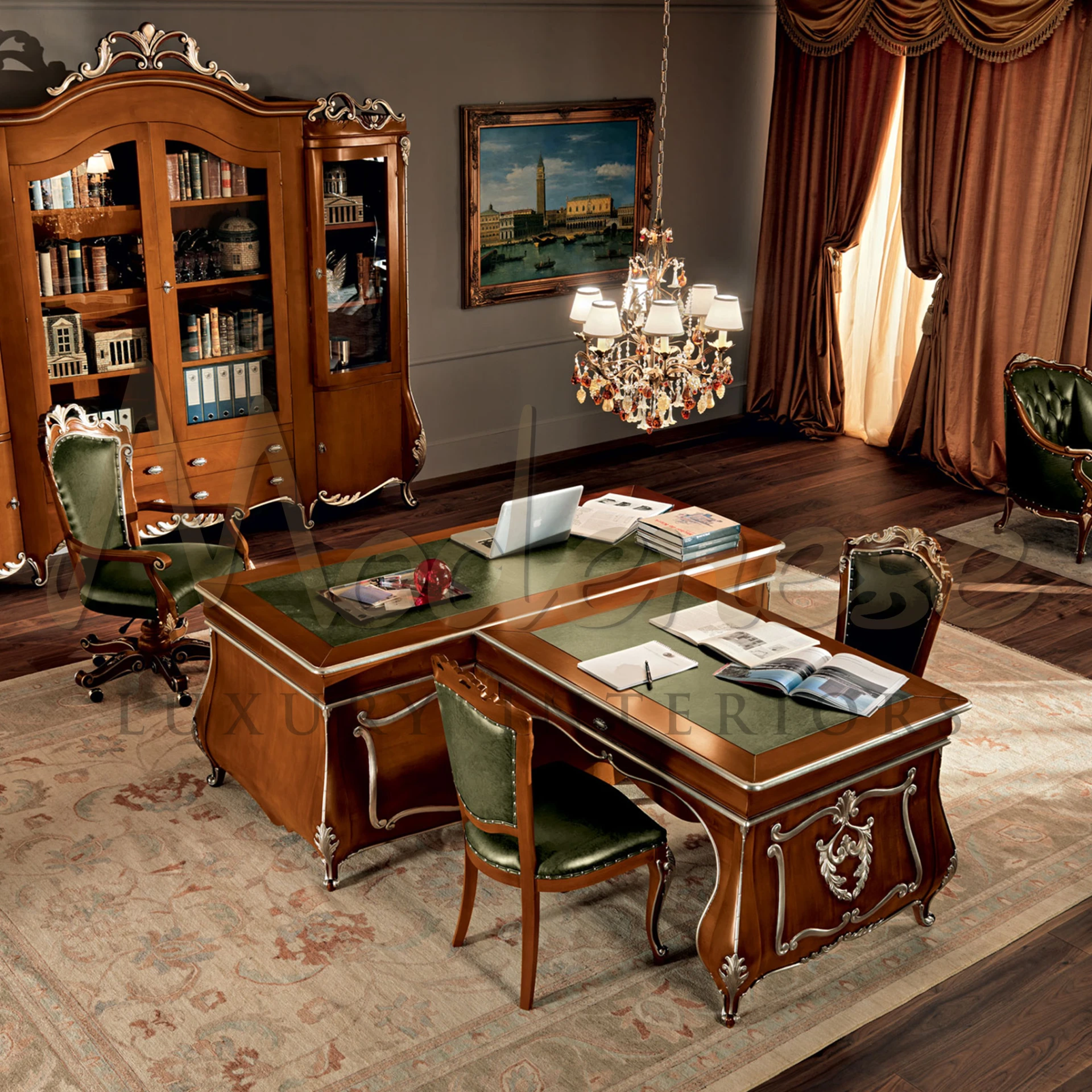 Extension Table Solid wood writing desk with drawers By Modenese Luxury Furniture