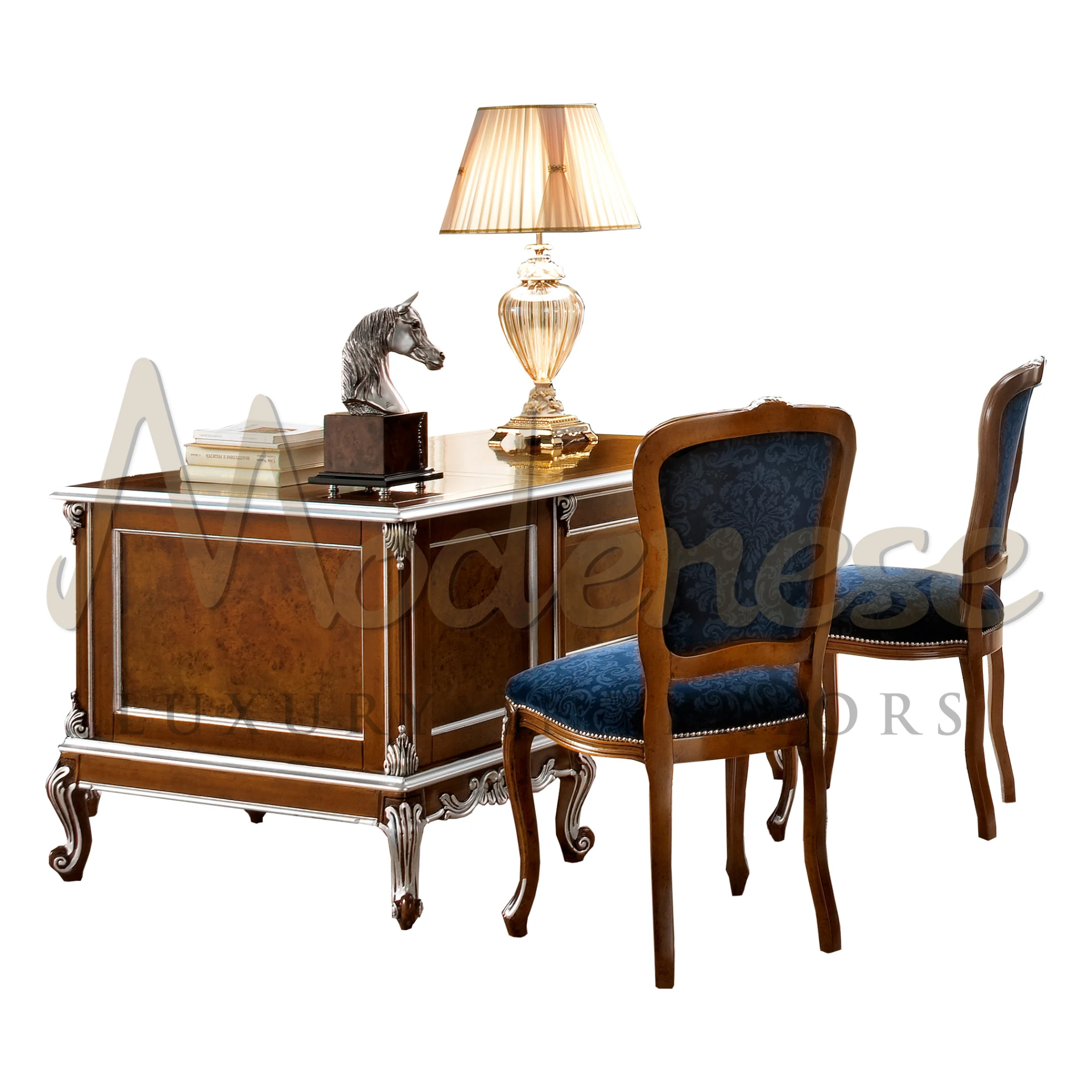 Product View with Clear Background - Solid Wood Veneer Office Desk with Cabinets and Curved Legs by Modenese Luxury Furniture