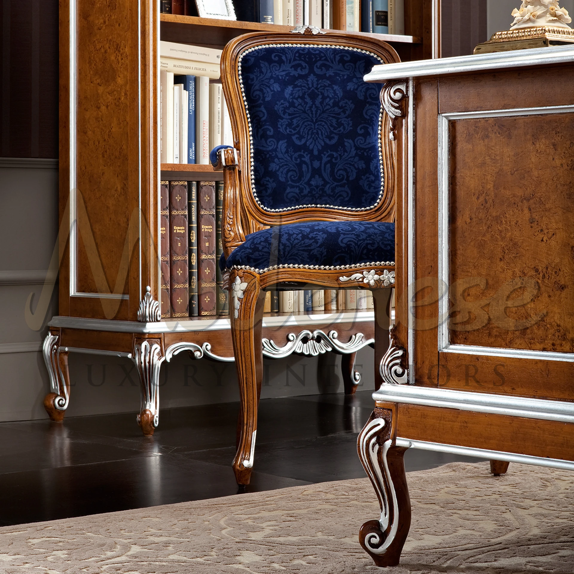 Solid Wood Veneer Office Desk with Curved Legs by Modenese Luxury Interior