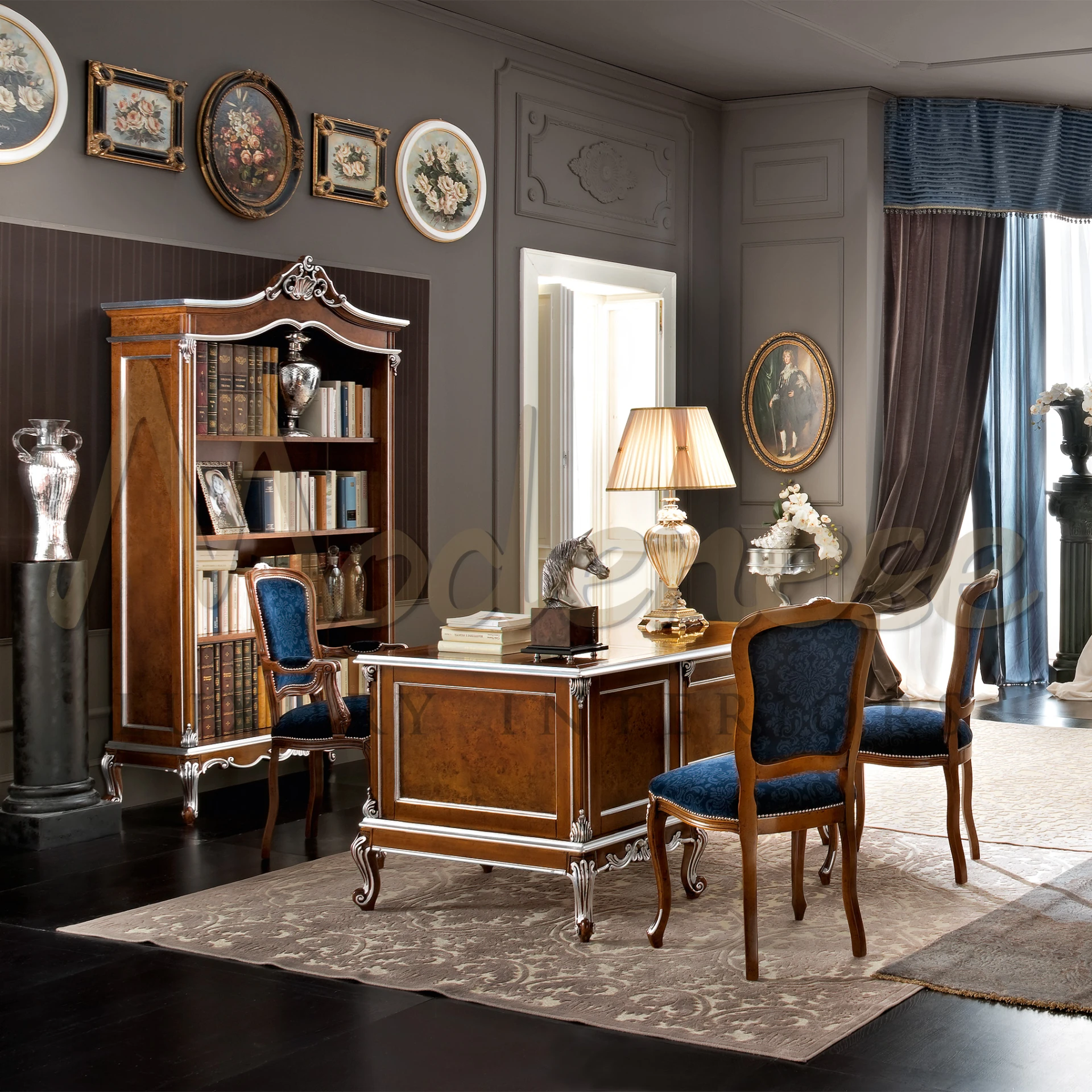 classical office athmosphere with radica wood furniture by Modenese Luxury Interior