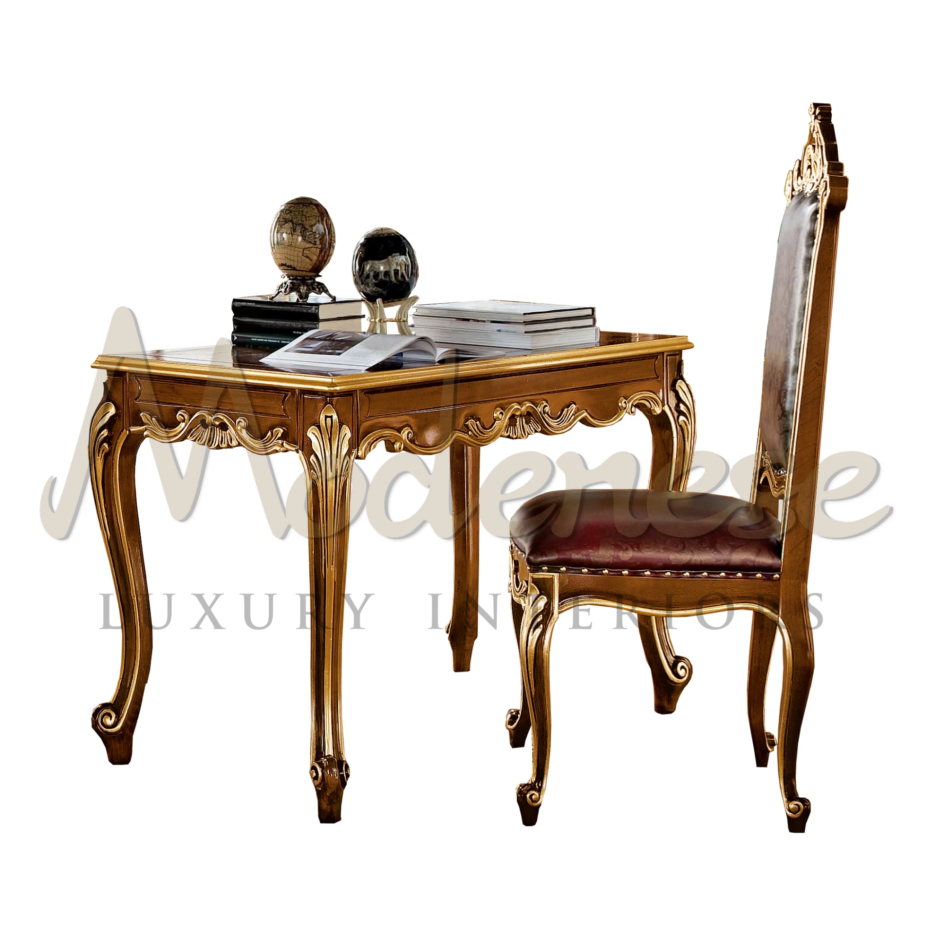 Product View with Clear Background - Baroque Golden Leather Swivel Chair with Walnut Finishes by  By Modenese Luxury Furniture