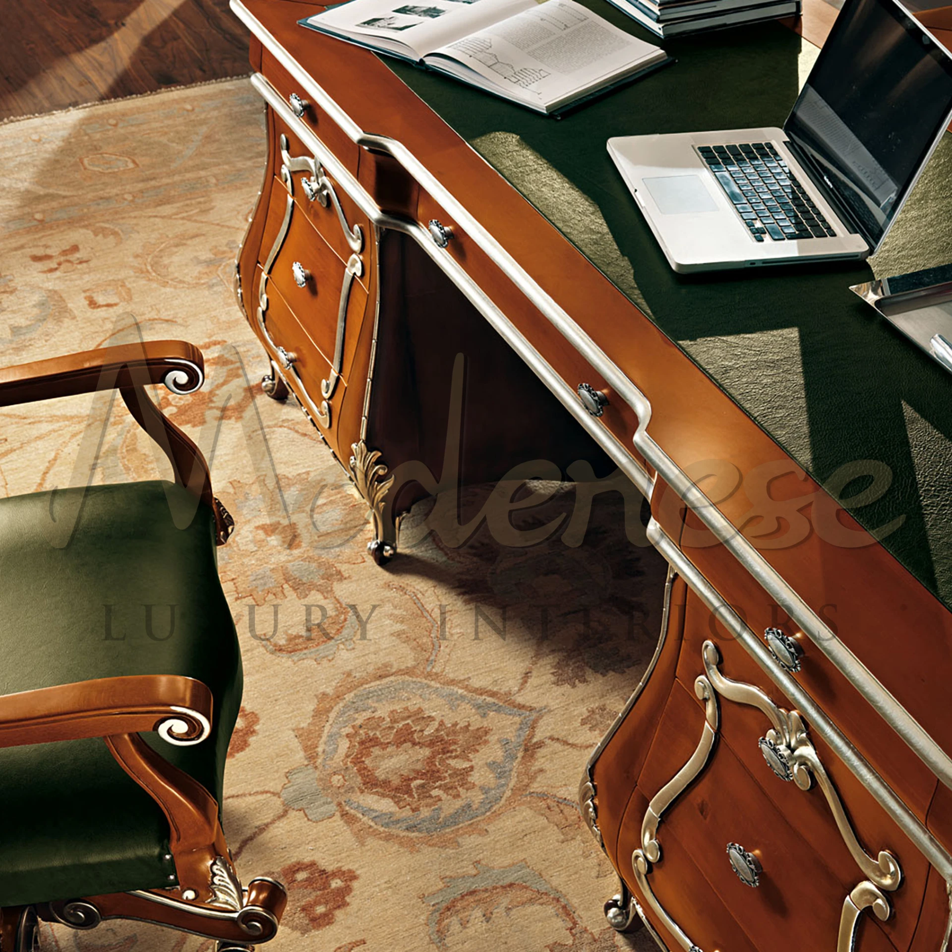 Luxury baroque desk green/brown / gold - Magnificent handmade solid wood office table with genuine leather - Baroque Office furniture by Modenese Luxury Furniture