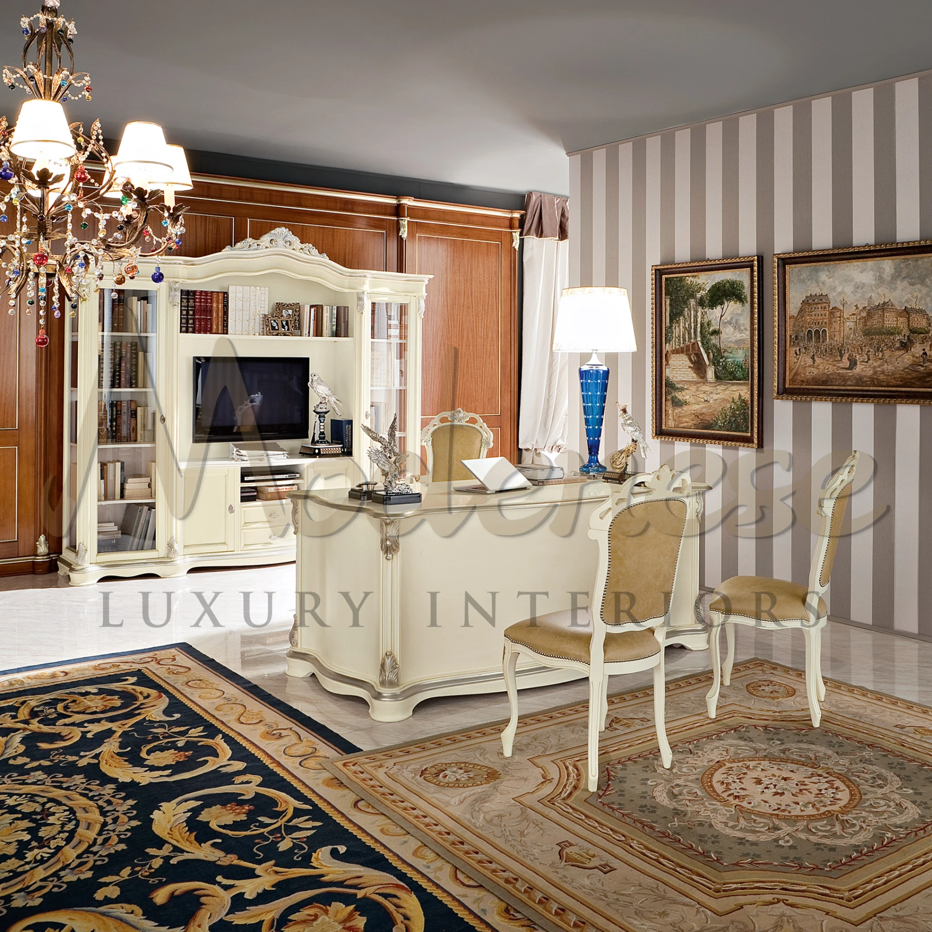 Sophisticated room adorned with white and gold furniture, showcasing an ivory and gold bookcase by Modenese Luxury Furniture