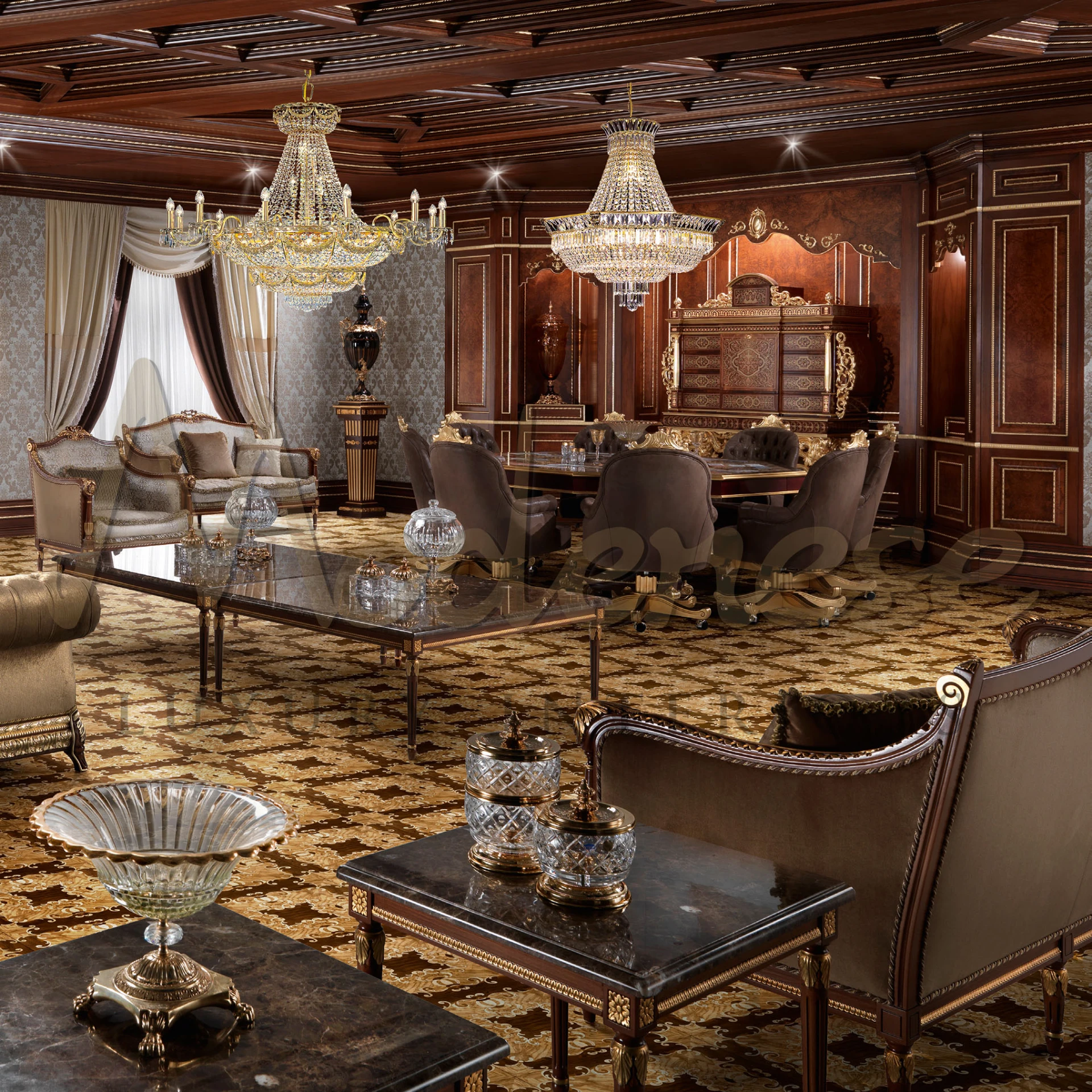 Empire-style Italian living room, sofas and armchair with cushion in walnut and gold leaf finish  - Modenese Luxury Furniture