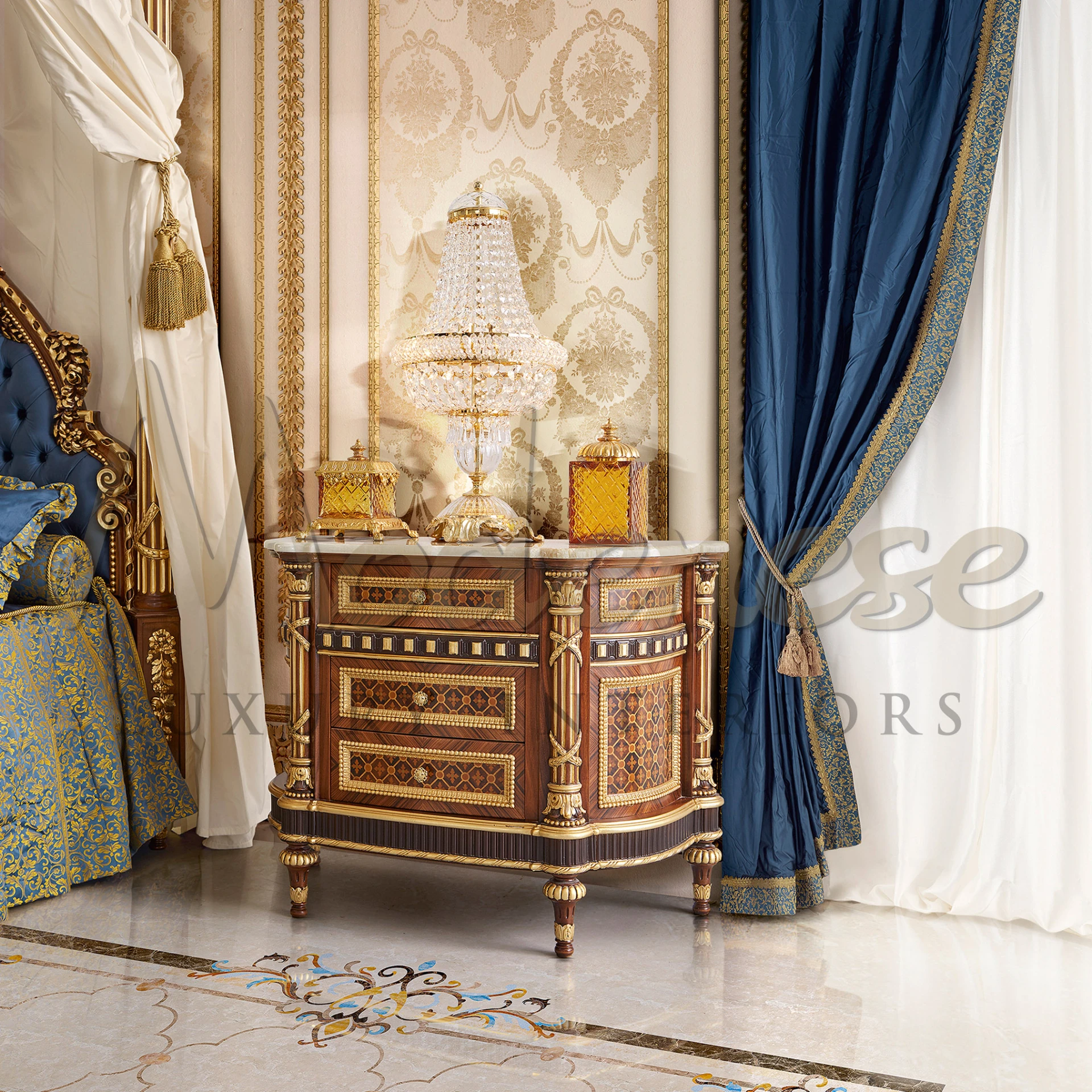 Luxurious bedroom corner with a luxury crystal lamp on a small low bedside table.