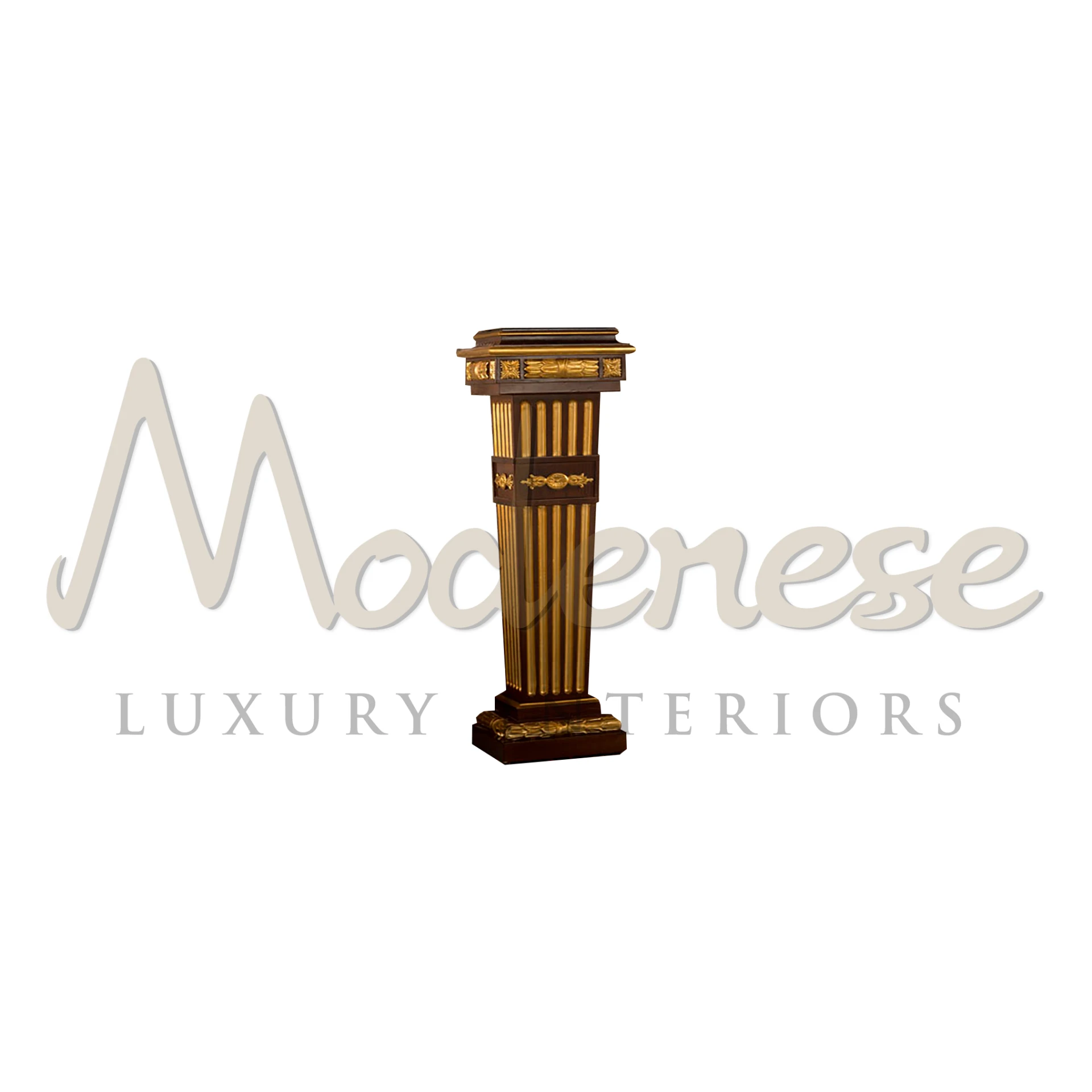 Exquisite Craftsmanship Column Stand with Dark Walnut and Gold Leaf Details

