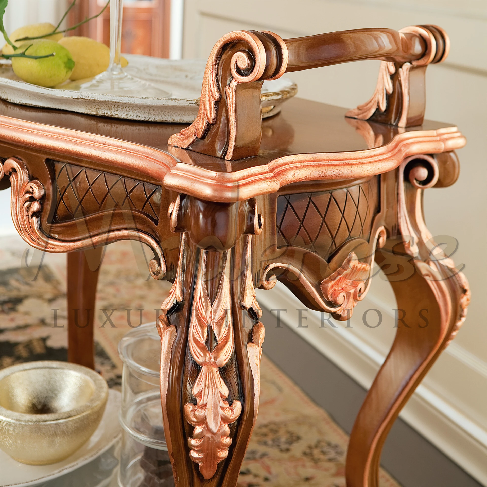 Luxury Trolley Cart with Carved Cherry Wood Finish and Elegant Copper Accents
