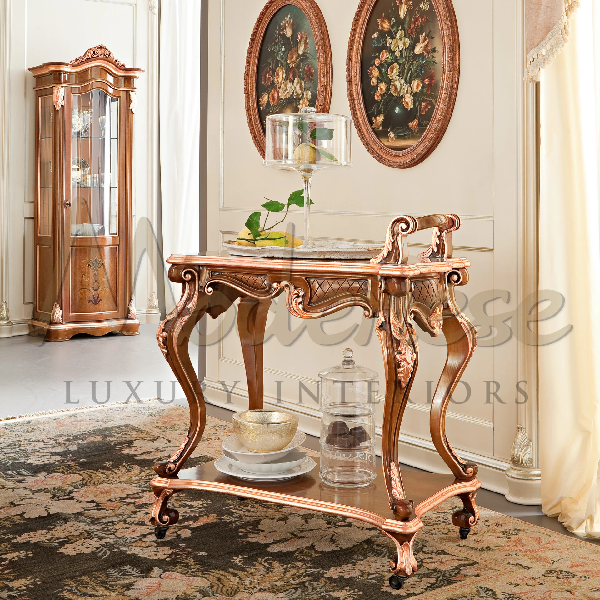 Classic Italian Trolley Cart Design in Cherry Wood with Copper Leaf by Modenese

