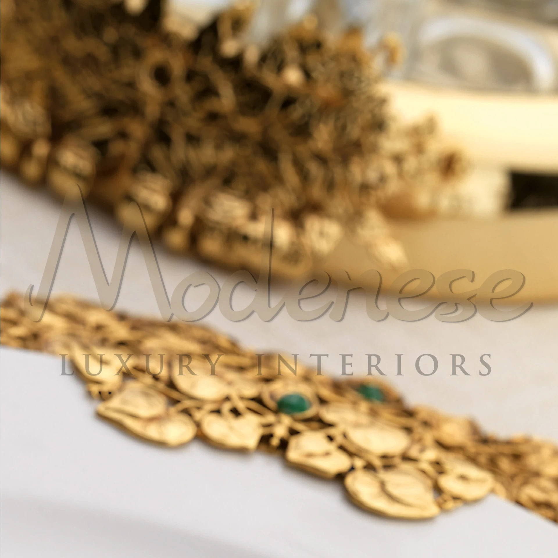 Artistic Decorative charger plate with intricate designs with a green gemstone 