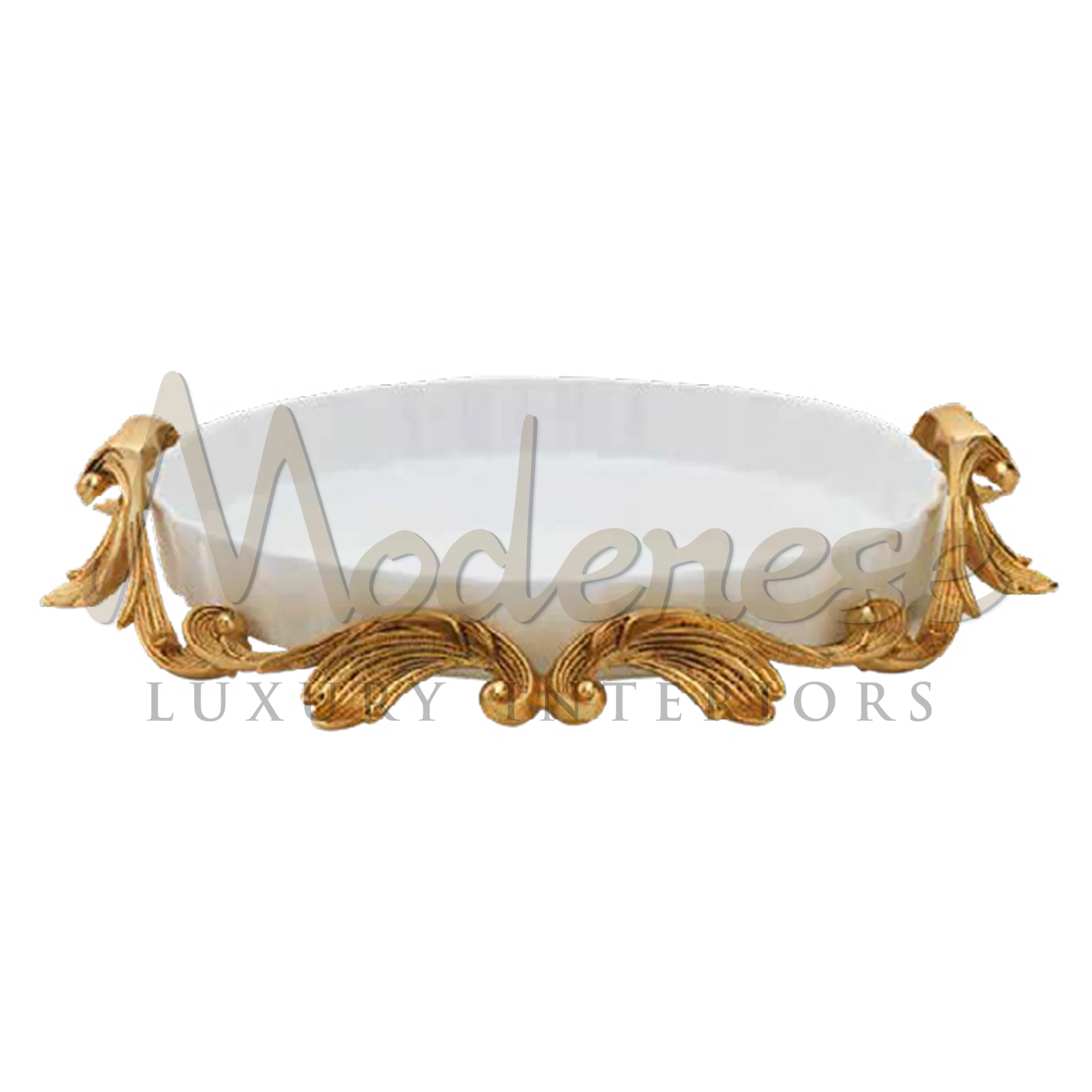 A round porcelain plate with intricate bronze decorations around the border.