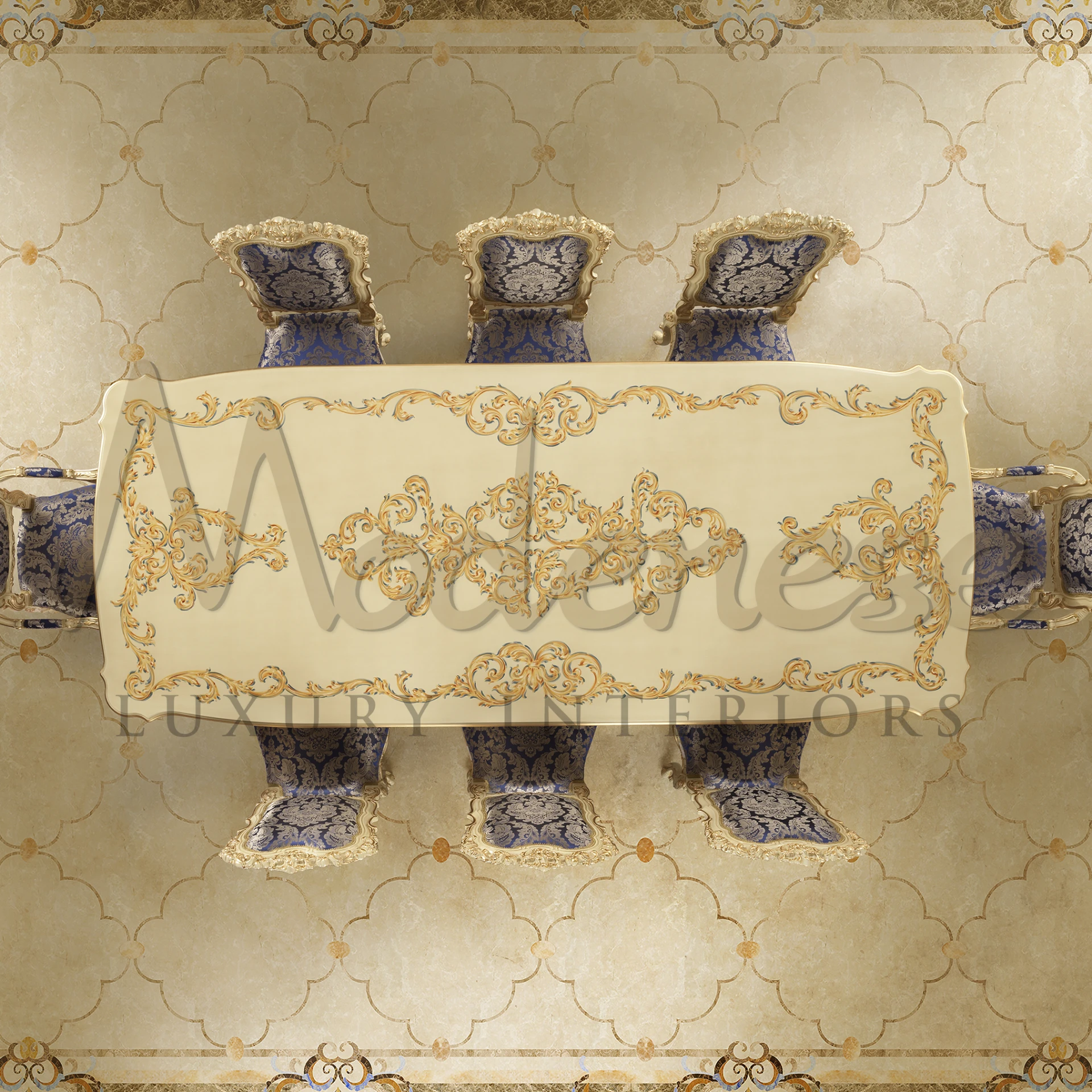 Fancy dining room with a white & gold table, blue chairs, and patterned floors