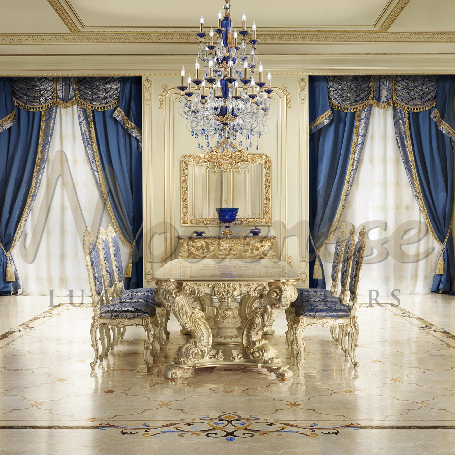 Fancy dining room with Round table, finely hand carved chairs & luxurious decor.