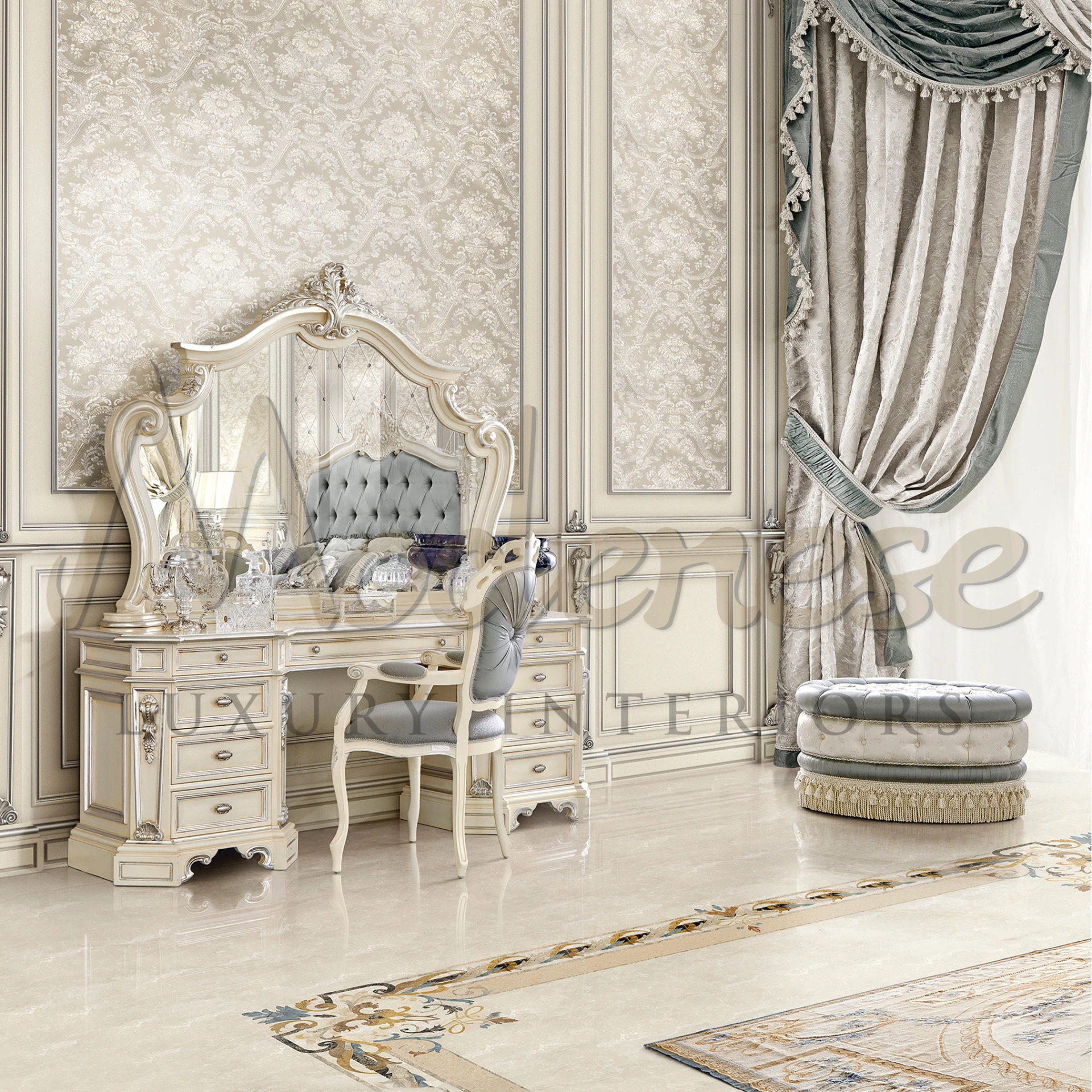 Fancy vanity table with a Victorian chair in a luxurious interior.