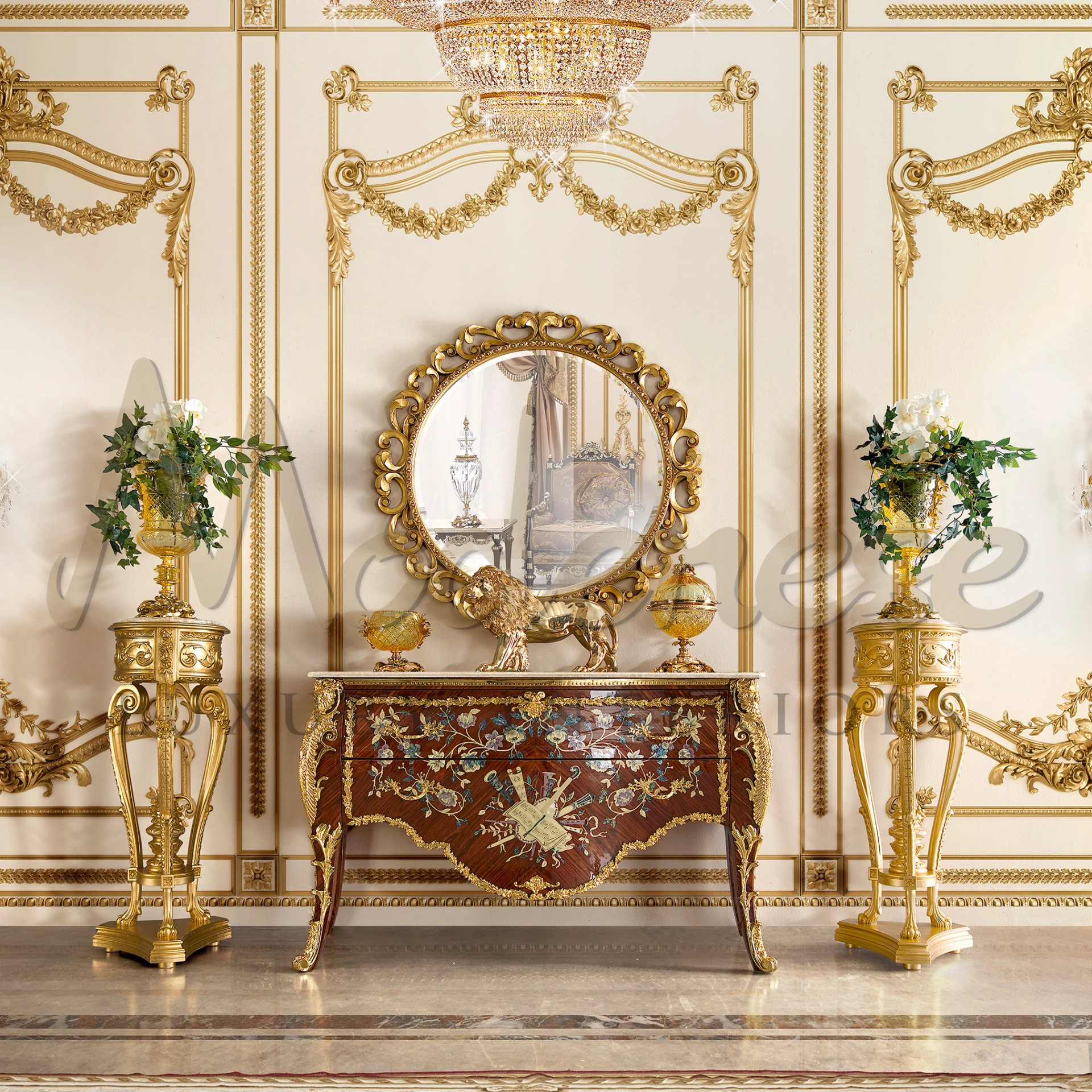 Lavish space with golden details containing a mirror, handmade chairs and antique bespoke high-end sideboard with golden details.