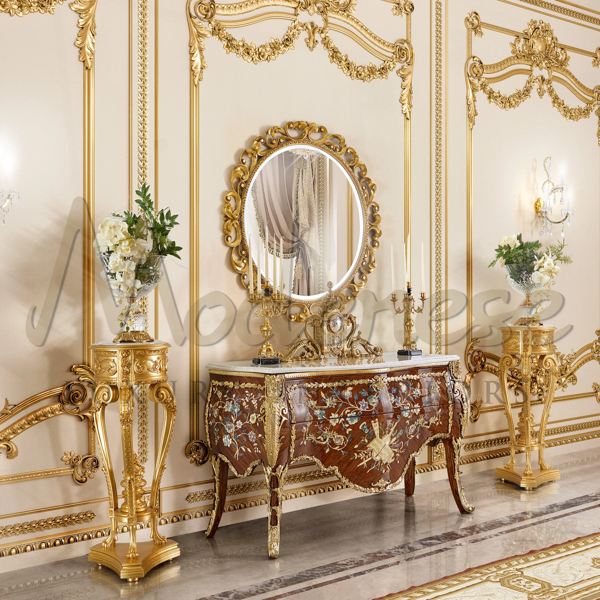 Luxurious room mirrored table reflects curtained window, flanked by golden vases.
