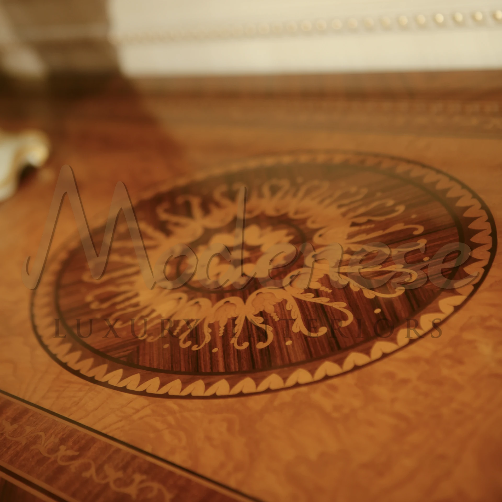 Close-up of a circular pattern with complex geometric shapes embedded in wood