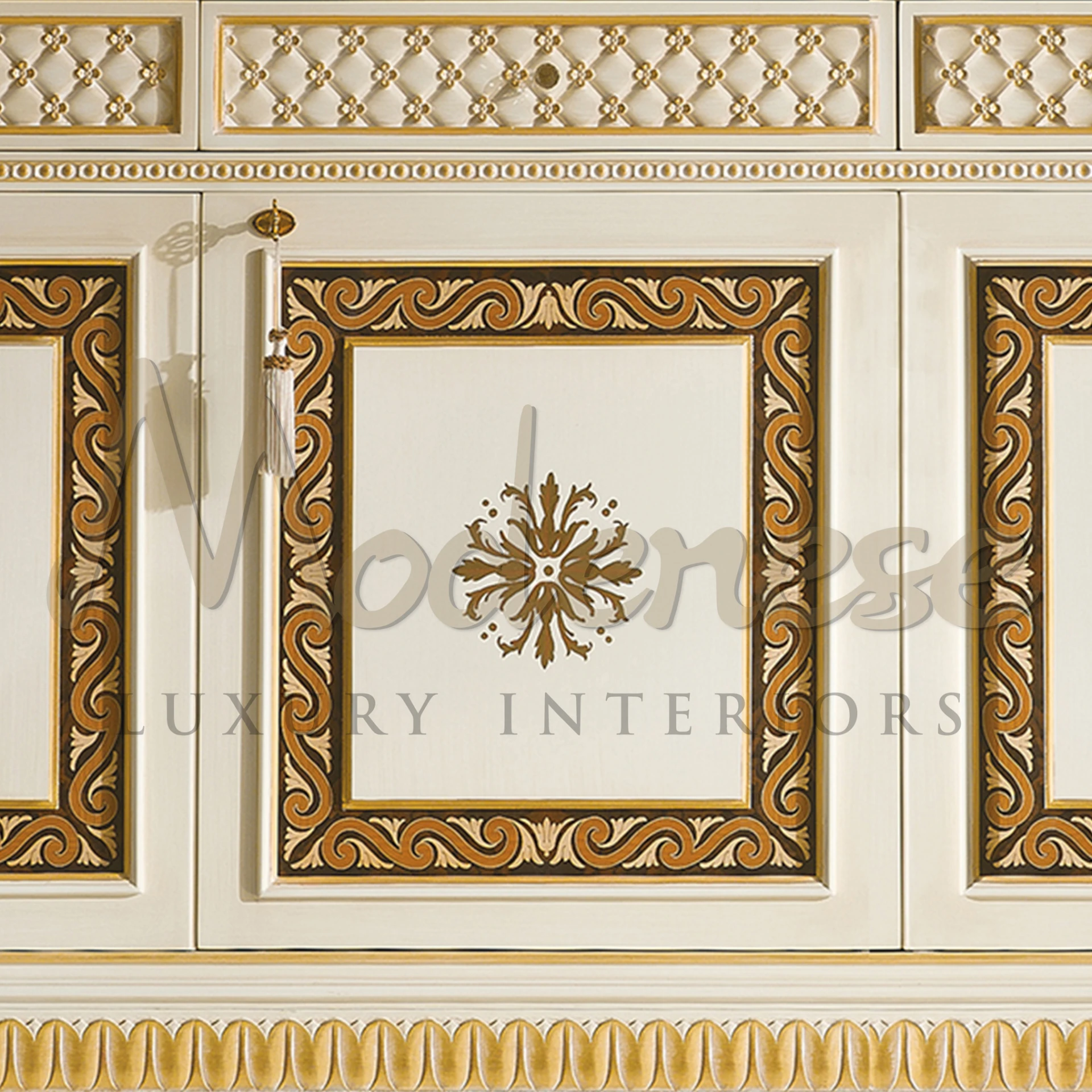 Close-up of a luxury interior sideboard, highlighting the golden accents and artistic on its door.