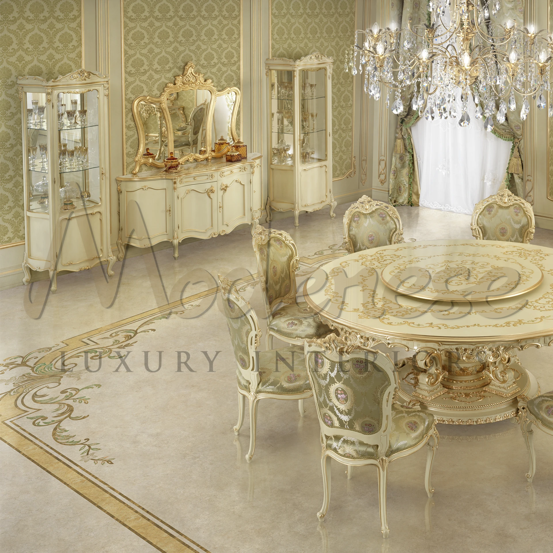 A room with a big shiny table, matching chairs, victorian style sideboard and two tall cabinets with glass doors