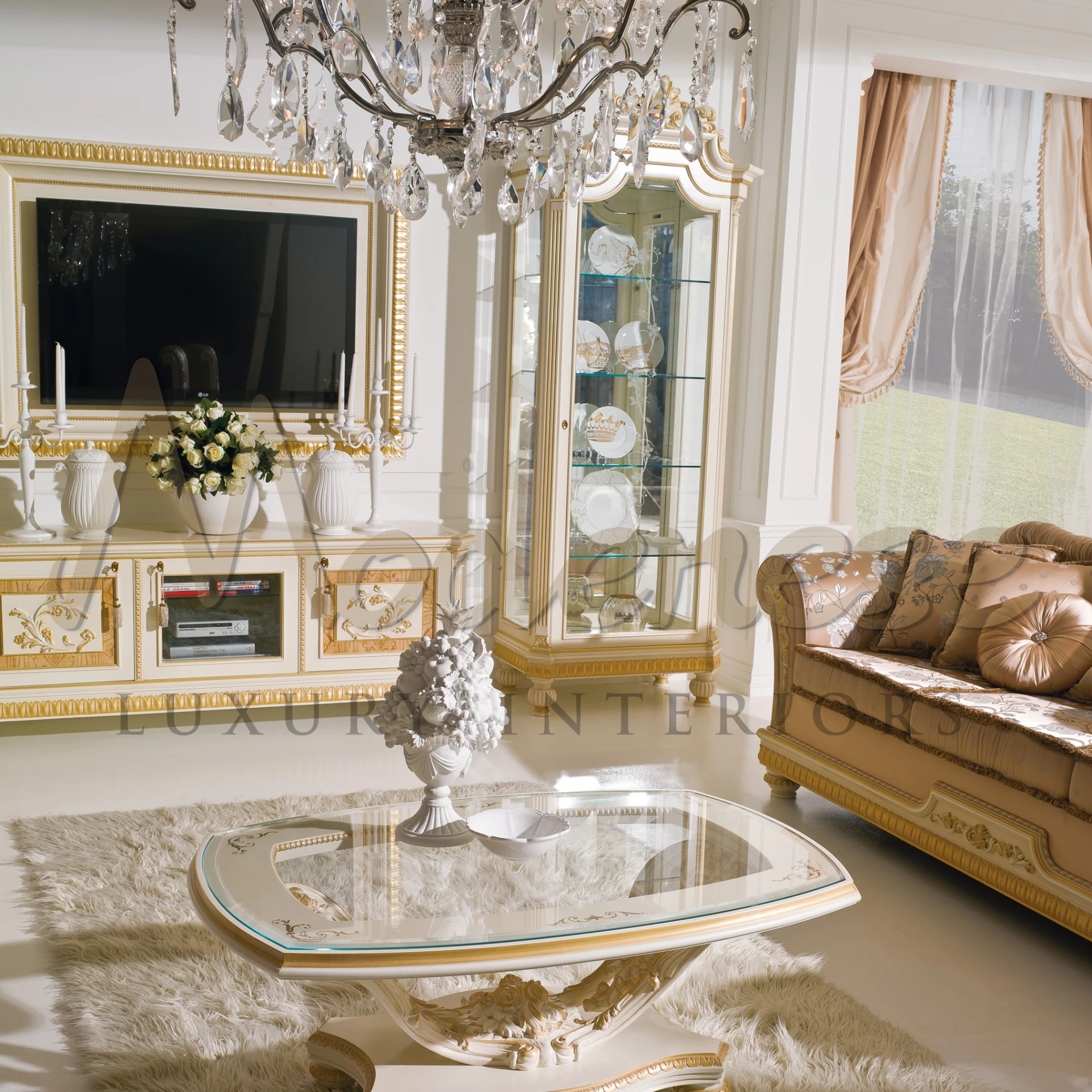 A well decorated modern room with a TV on the wall and furniture that looks classic and fancy