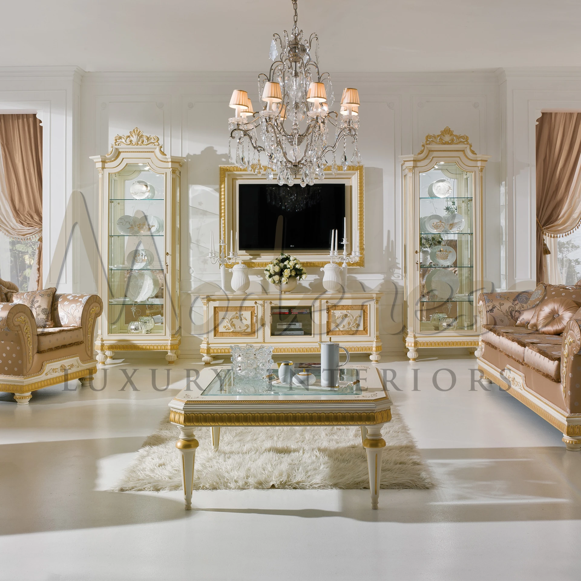A grand room with shiny ceiling light, side table and two empire glass vitrine cabinet with golden details