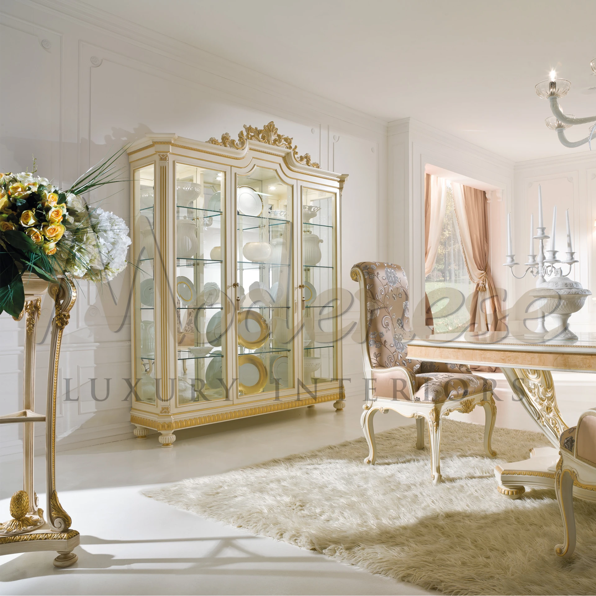 Luxurious dining room with a ivory three door cabinet, a stylish chair by a table, and a fluffy rug on the floor.