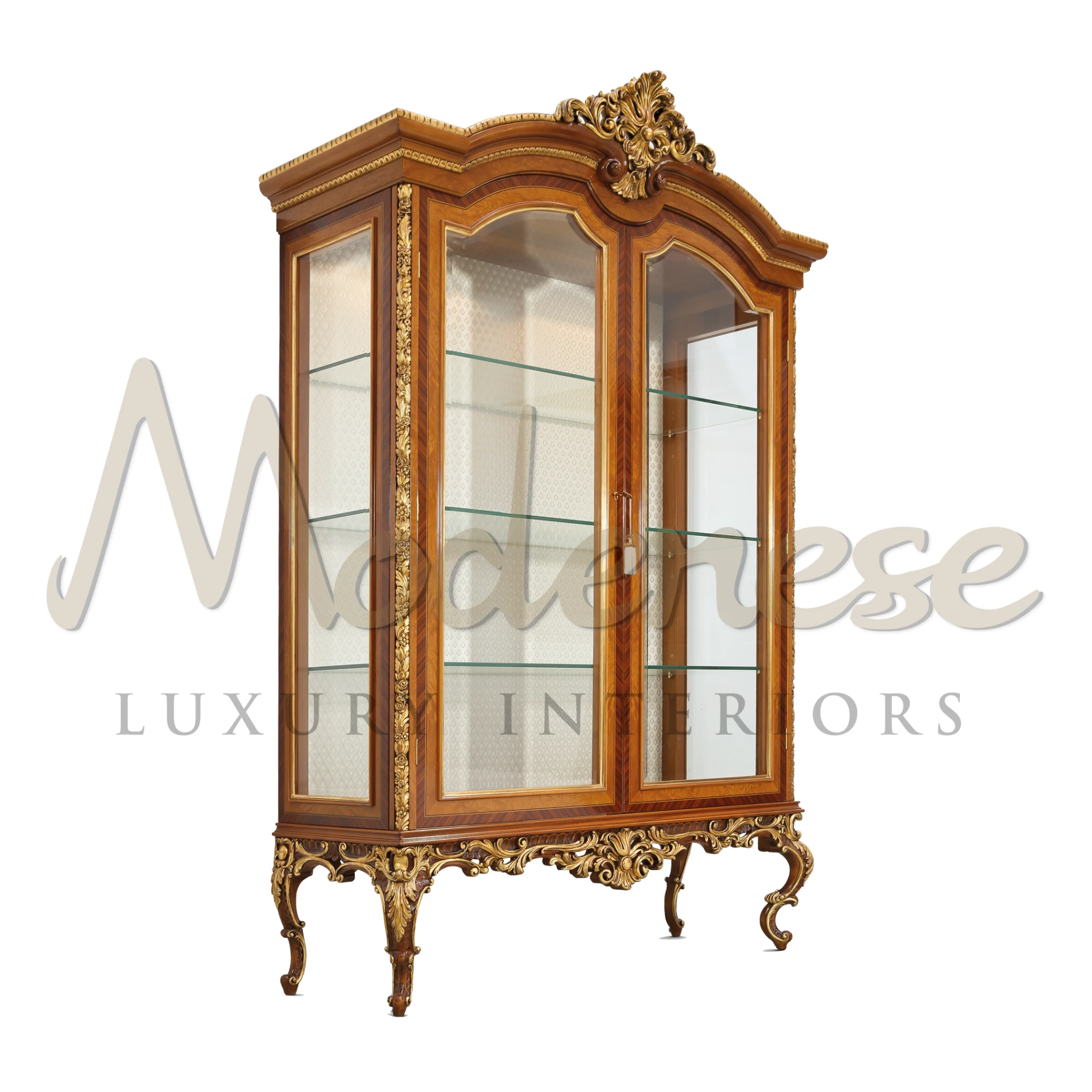 Antique design classic walnut wood two doors cabinet and decorative carvings on the top