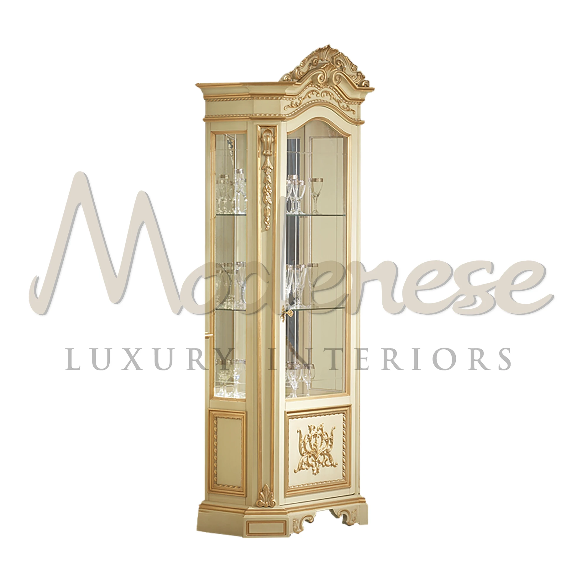 mpire style one door glass vitrine with golden accents and twisted carvings