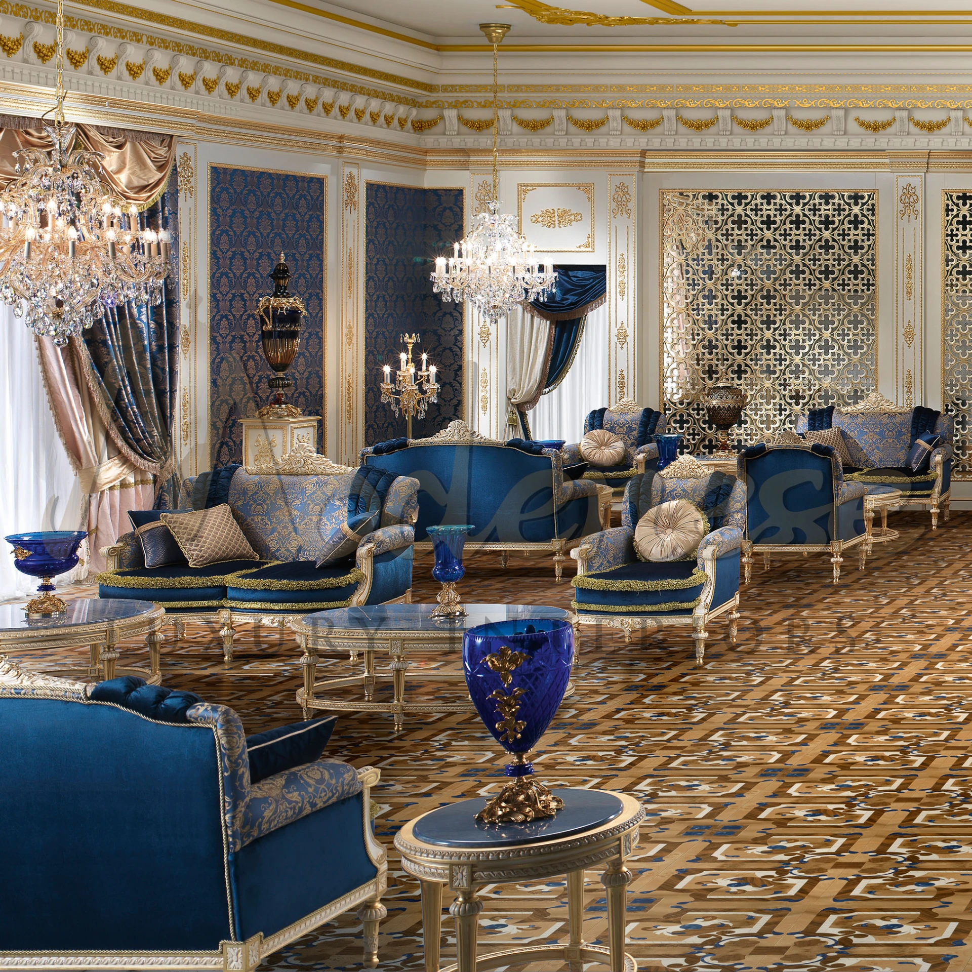 Indulge in opulent comfort with Modenese Royal Blue Carved Sofa. 