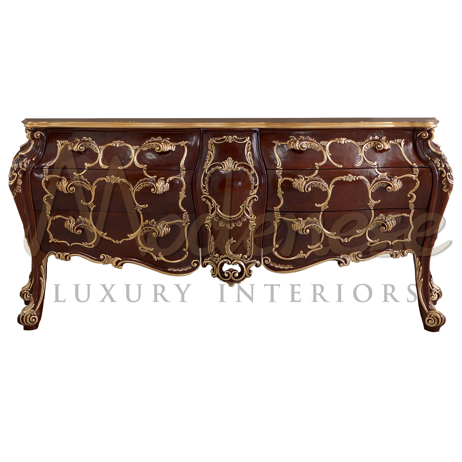 Indulge your bedroom with our Gold Walnut Chest of Drawers, blending opulent gold accents with rich walnut wood for a luxurious storage solution.